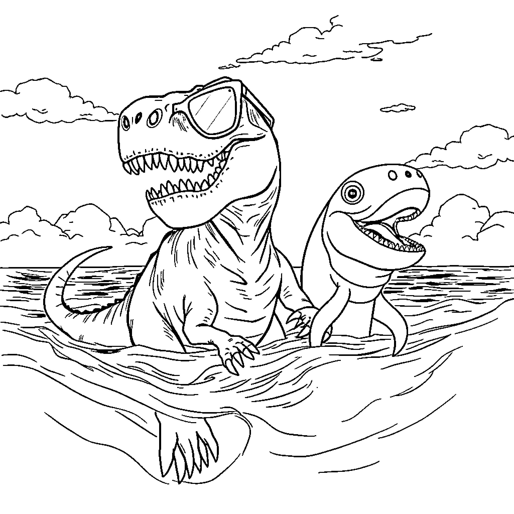 T-Rex and dinosaur friends playing in the ocean Coloring Page (free black-and-white line drawing printable PDF for all, from beginners to advanced learners, including children, teens, adults, and seniors)