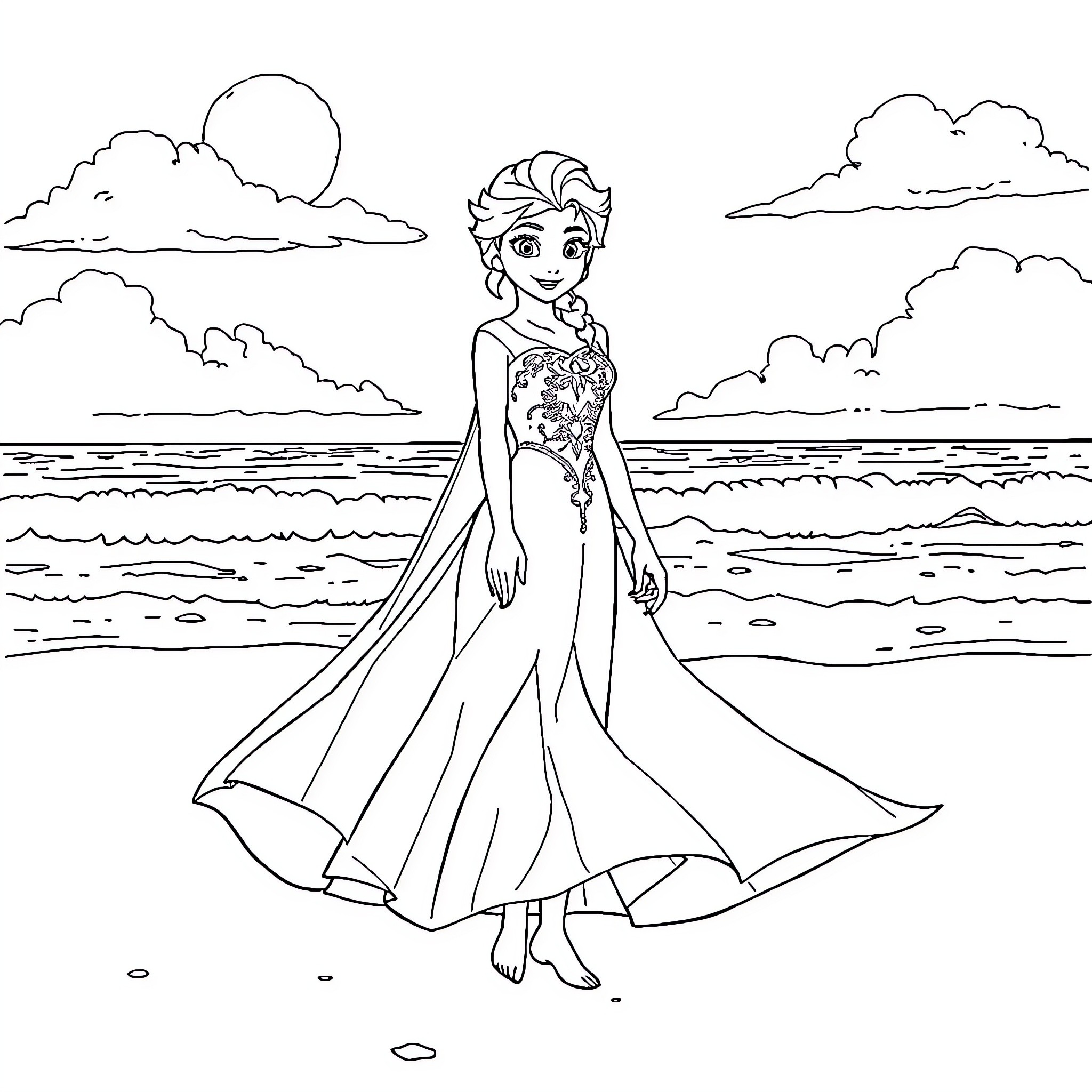 Elsa's Beachside Stroll Coloring Page (free black-and-white line drawing printable PDF for all, from beginners to advanced learners, including children, teens, adults, and seniors)