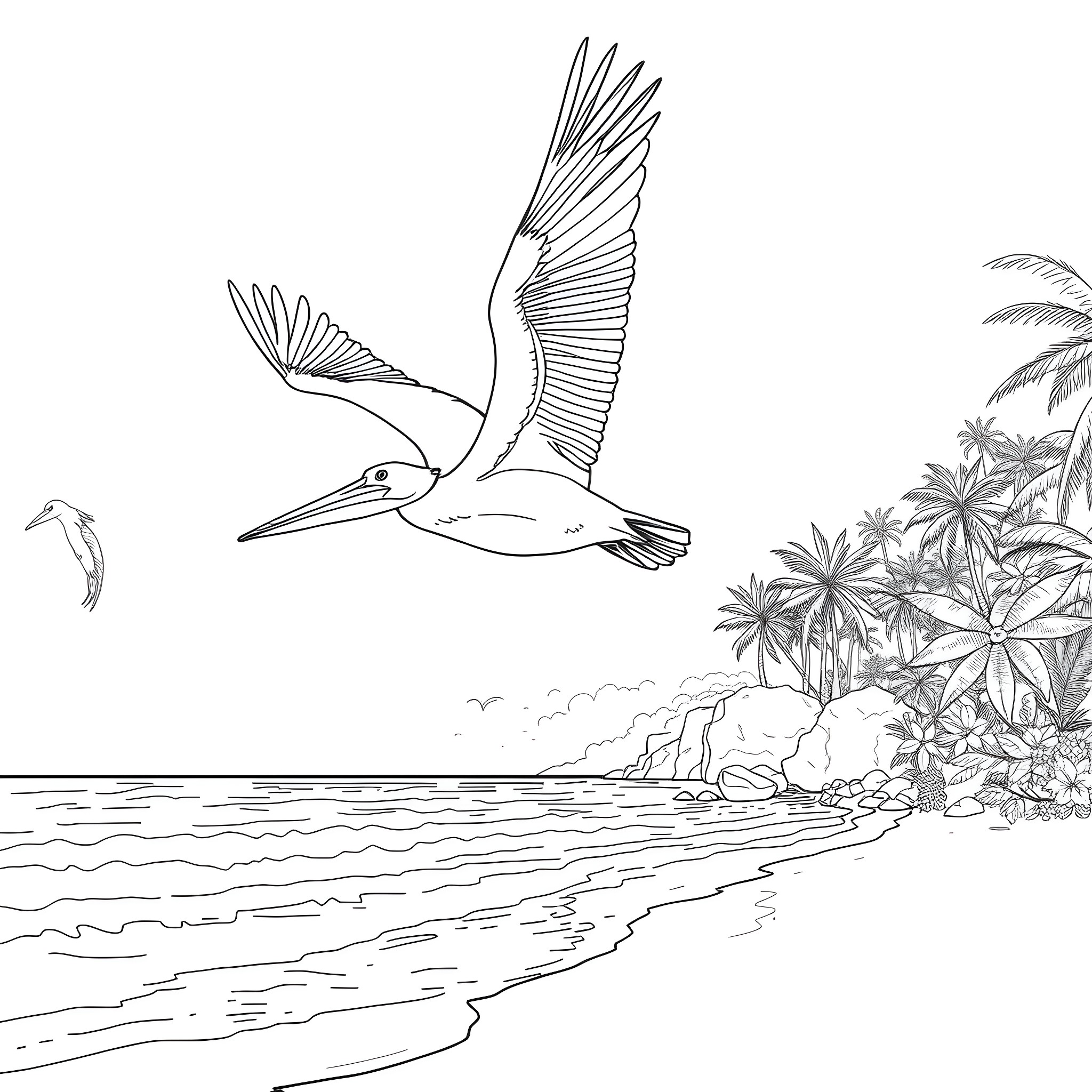 Pelican soaring over tropical beach Coloring Page (free black-and-white line drawing printable PDF for all, from beginners to advanced learners, including children, teens, adults, and seniors)