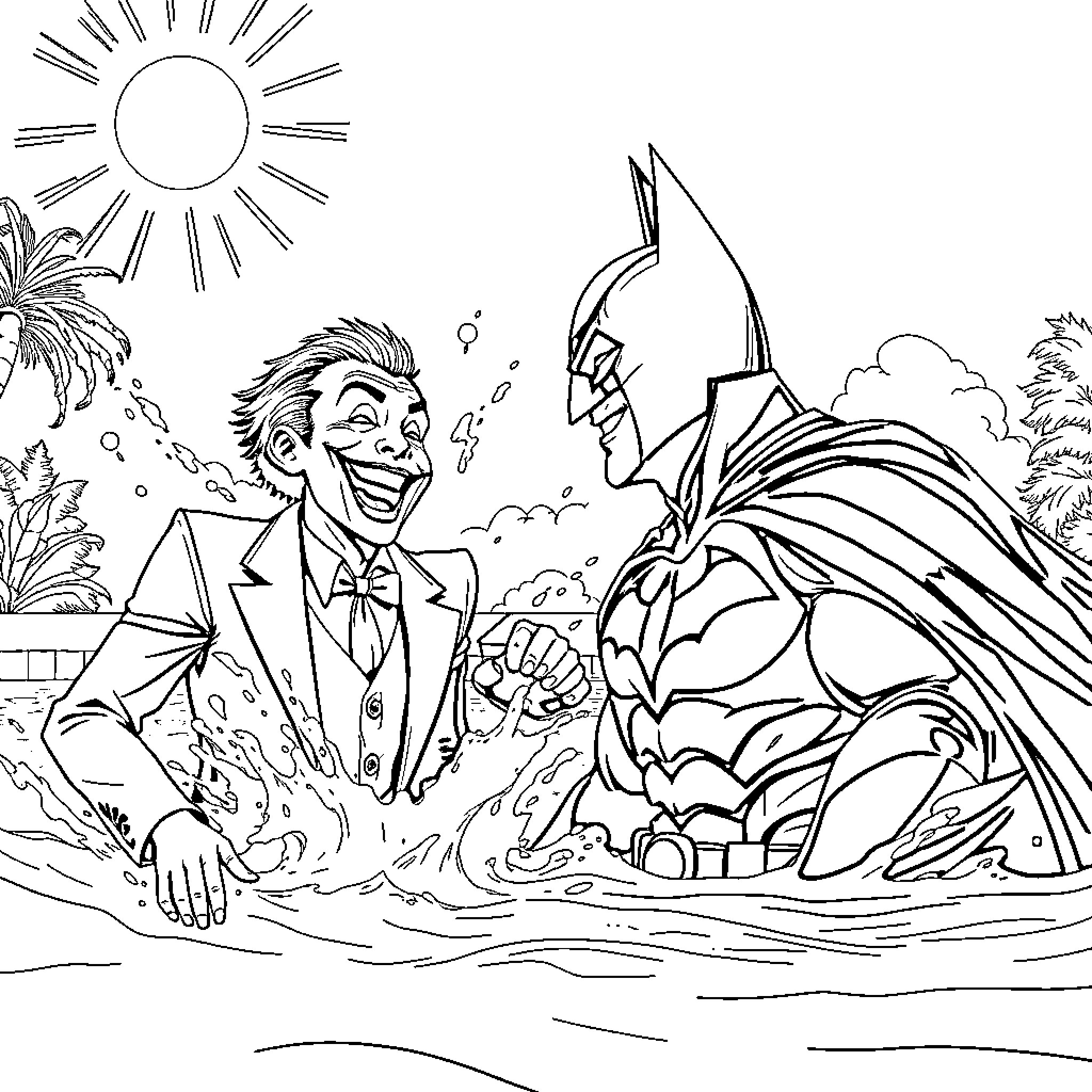 Batman and Joker engage in a playful confrontation Coloring Page (free black-and-white line drawing printable PDF for all, from beginners to advanced learners, including children, teens, adults, and seniors)