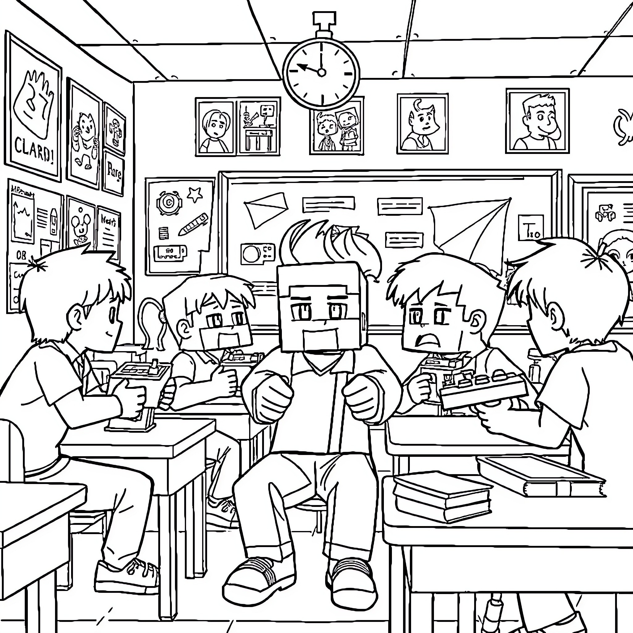 Minecraft characters in a busy classroom setting Coloring Page (free black-and-white line drawing printable PDF for all, from beginners to advanced learners, including children, teens, adults, and seniors)