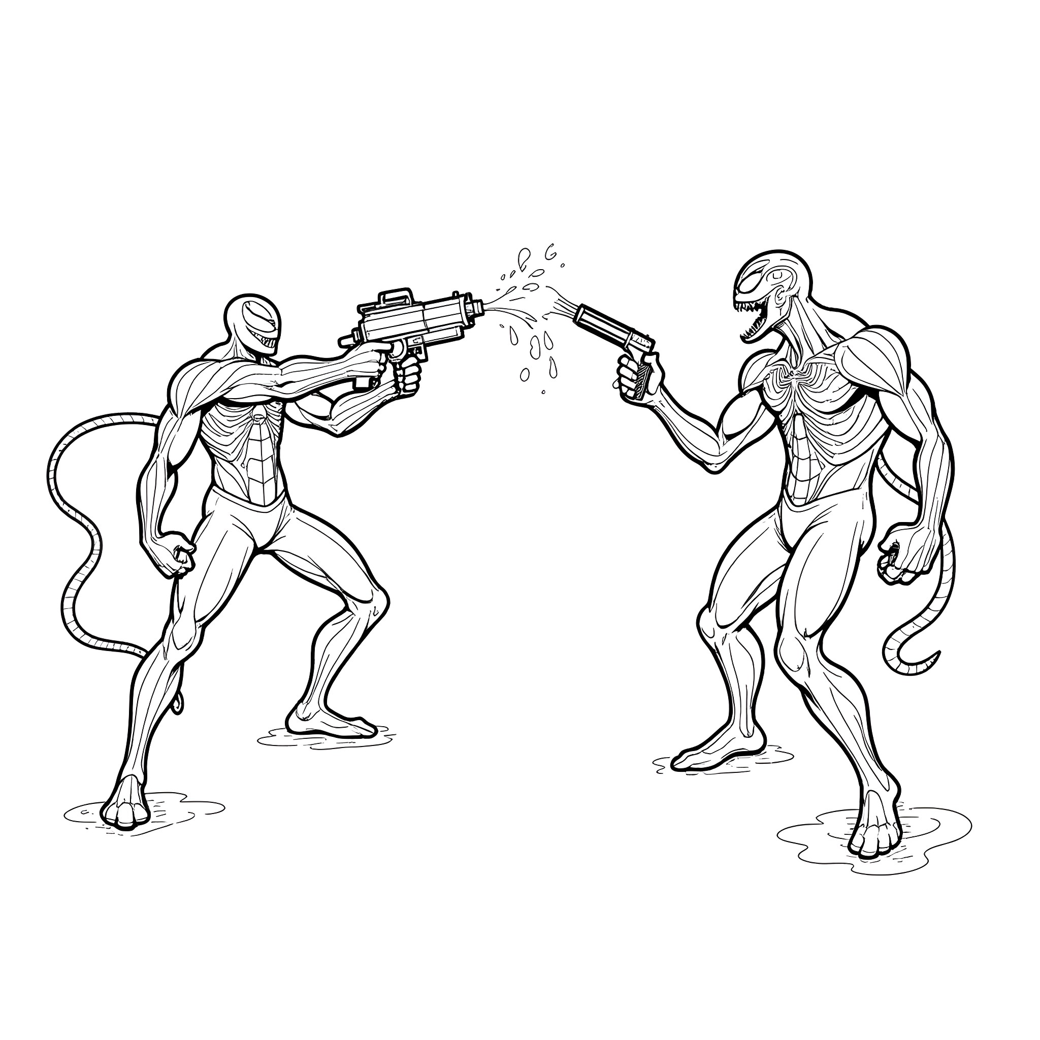 Venom characters in an intense battle Coloring Page (free black-and-white line drawing printable PDF for all, from beginners to advanced learners, including children, teens, adults, and seniors)
