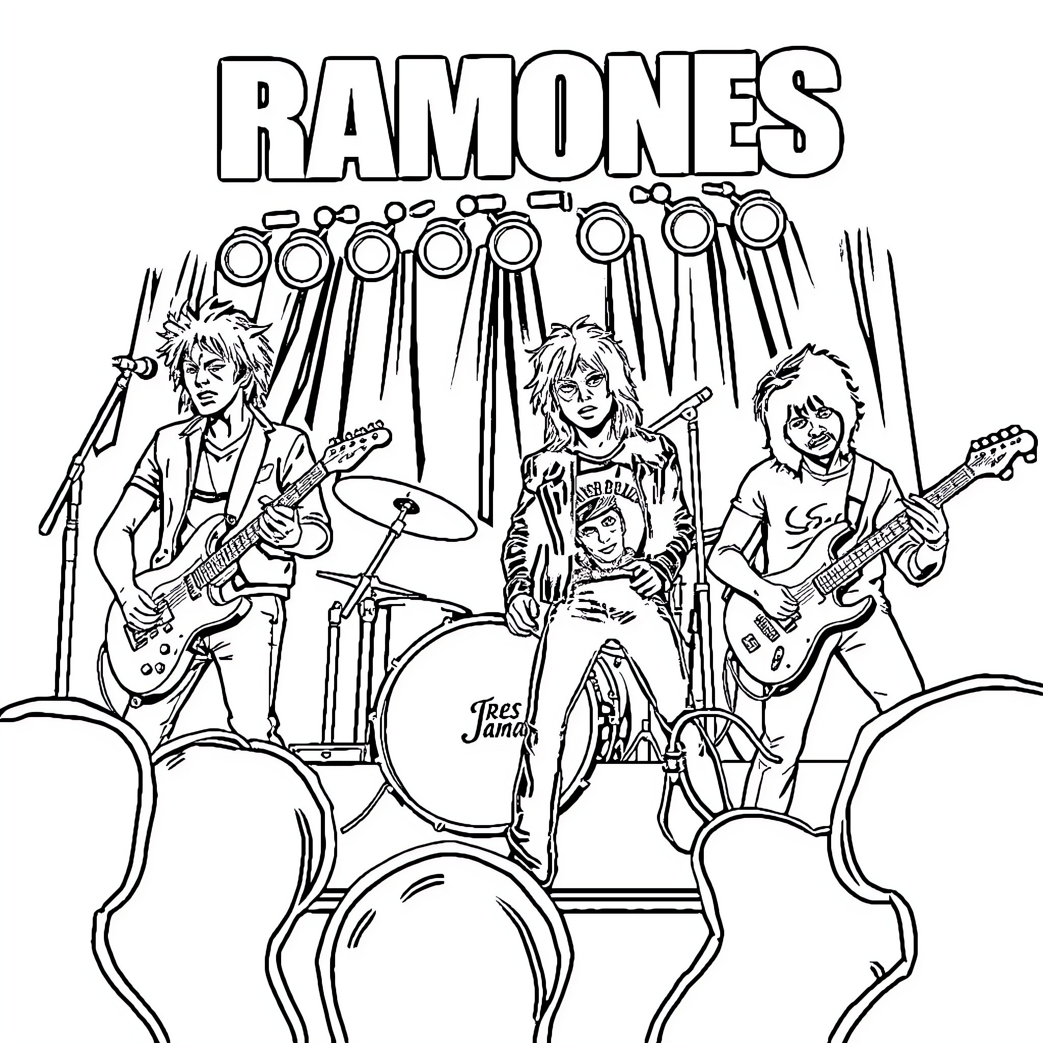 Ramones performing energetic rock show on stage Coloring Page (free black-and-white line drawing printable PDF for all, from beginners to advanced learners, including children, teens, adults, and seniors)