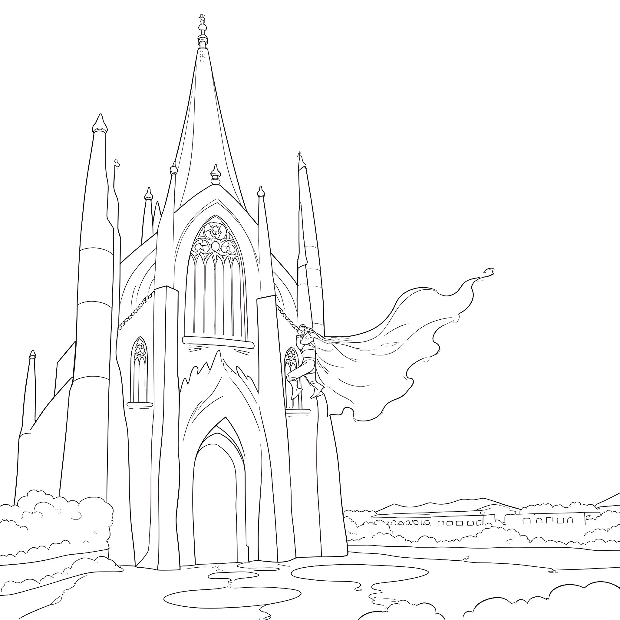 Spiderman in front of a grand Gothic cathedral Coloring Page (free black-and-white line drawing printable PDF for all, from beginners to advanced learners, including children, teens, adults, and seniors)