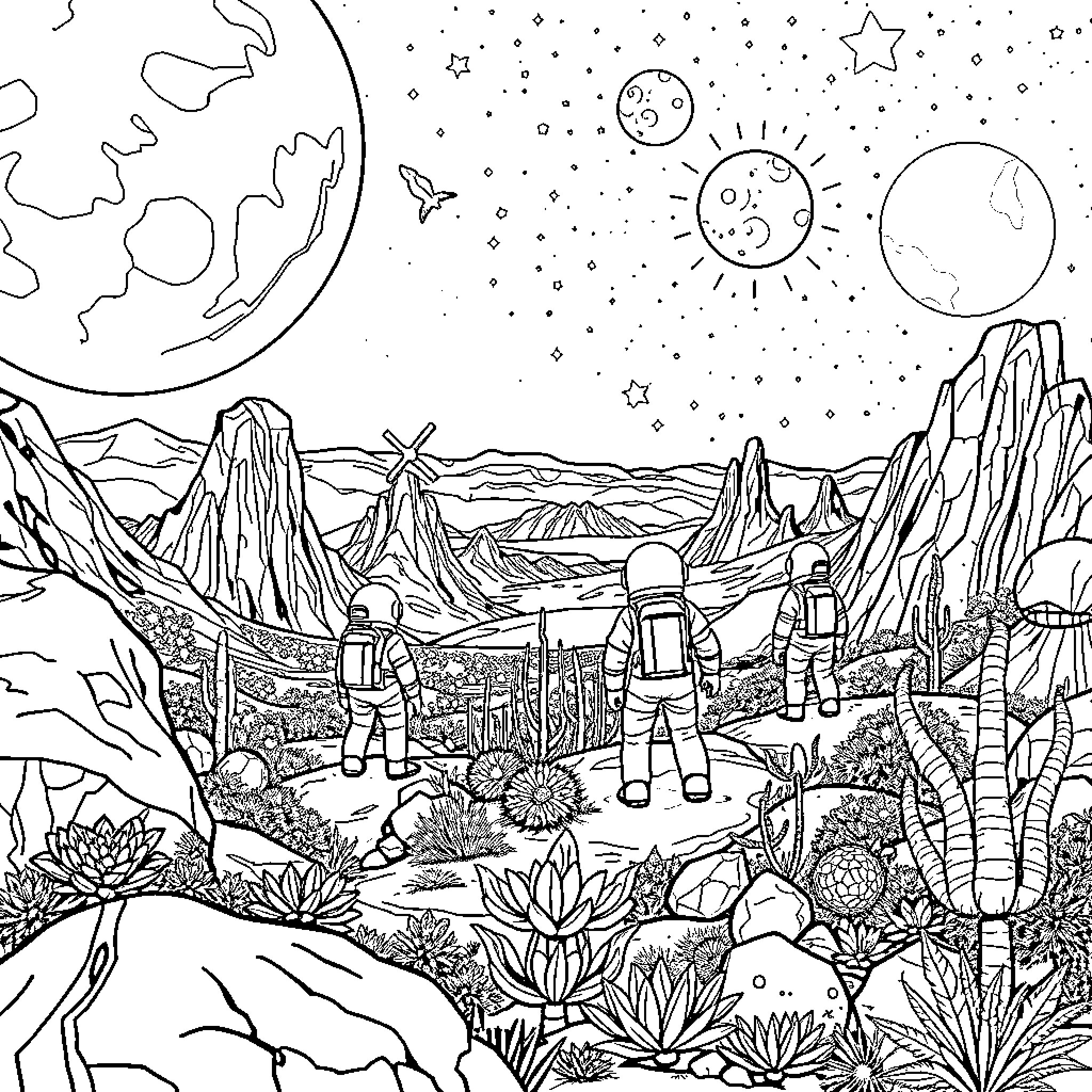 Astronauts exploring an alien landscape Coloring Page (free black-and-white line drawing printable PDF for all, from beginners to advanced learners, including children, teens, adults, and seniors)