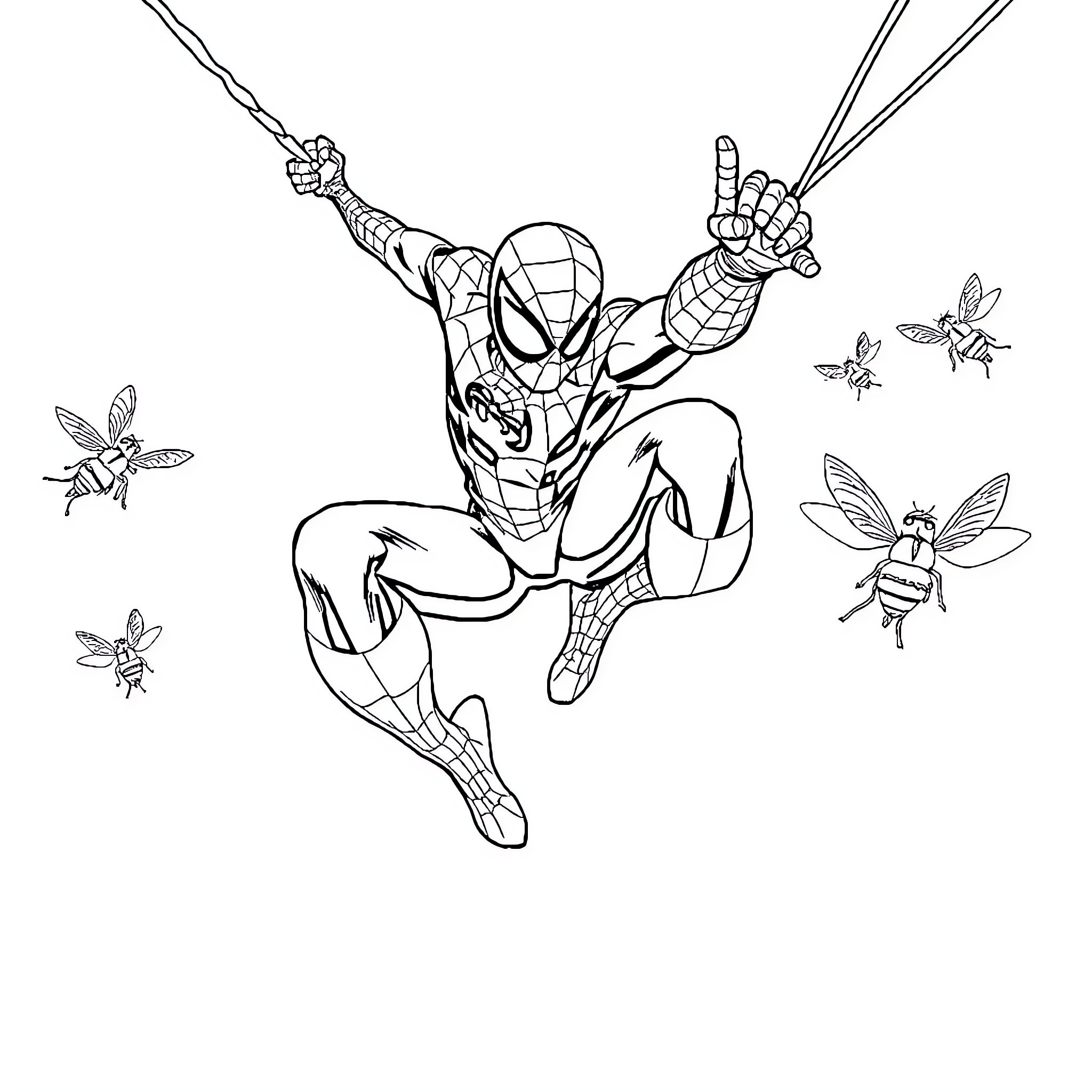 Spiderman swinging through the air with insects Coloring Page (free black-and-white line drawing printable PDF for all, from beginners to advanced learners, including children, teens, adults, and seniors)