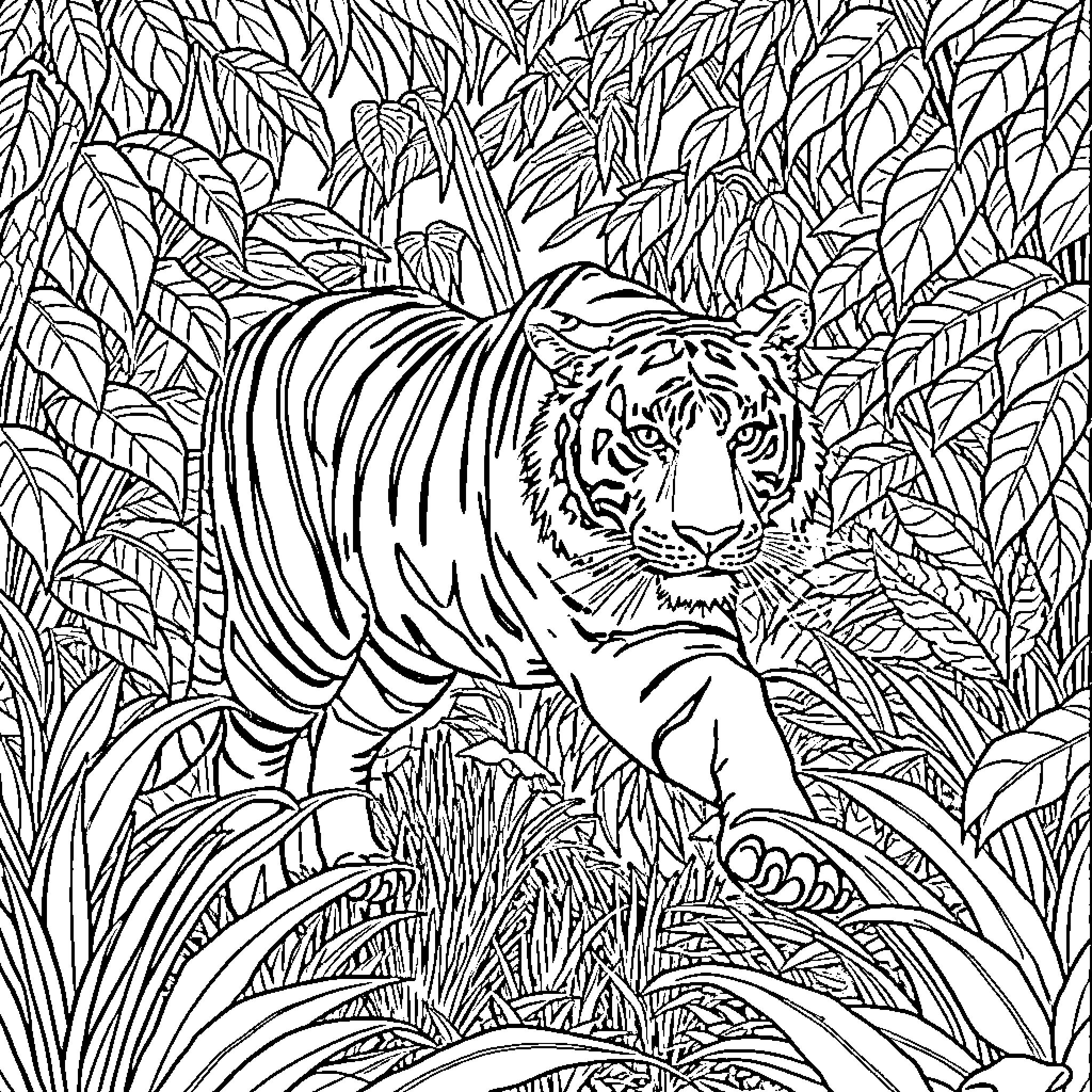 Tiger in the Lush Jungle Coloring Page (free black-and-white line drawing printable PDF for all, from beginners to advanced learners, including children, teens, adults, and seniors)