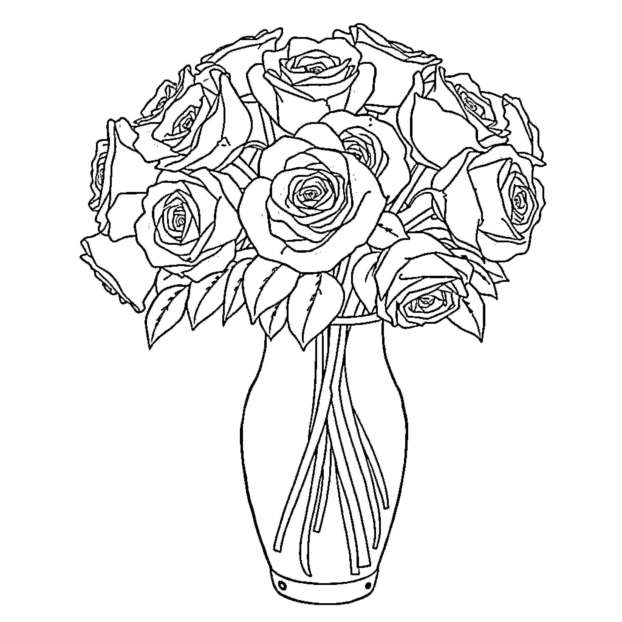 Rose bouquet in a vase Coloring Page (free black-and-white line drawing printable PDF for all, from beginners to advanced learners, including children, teens, adults, and seniors)