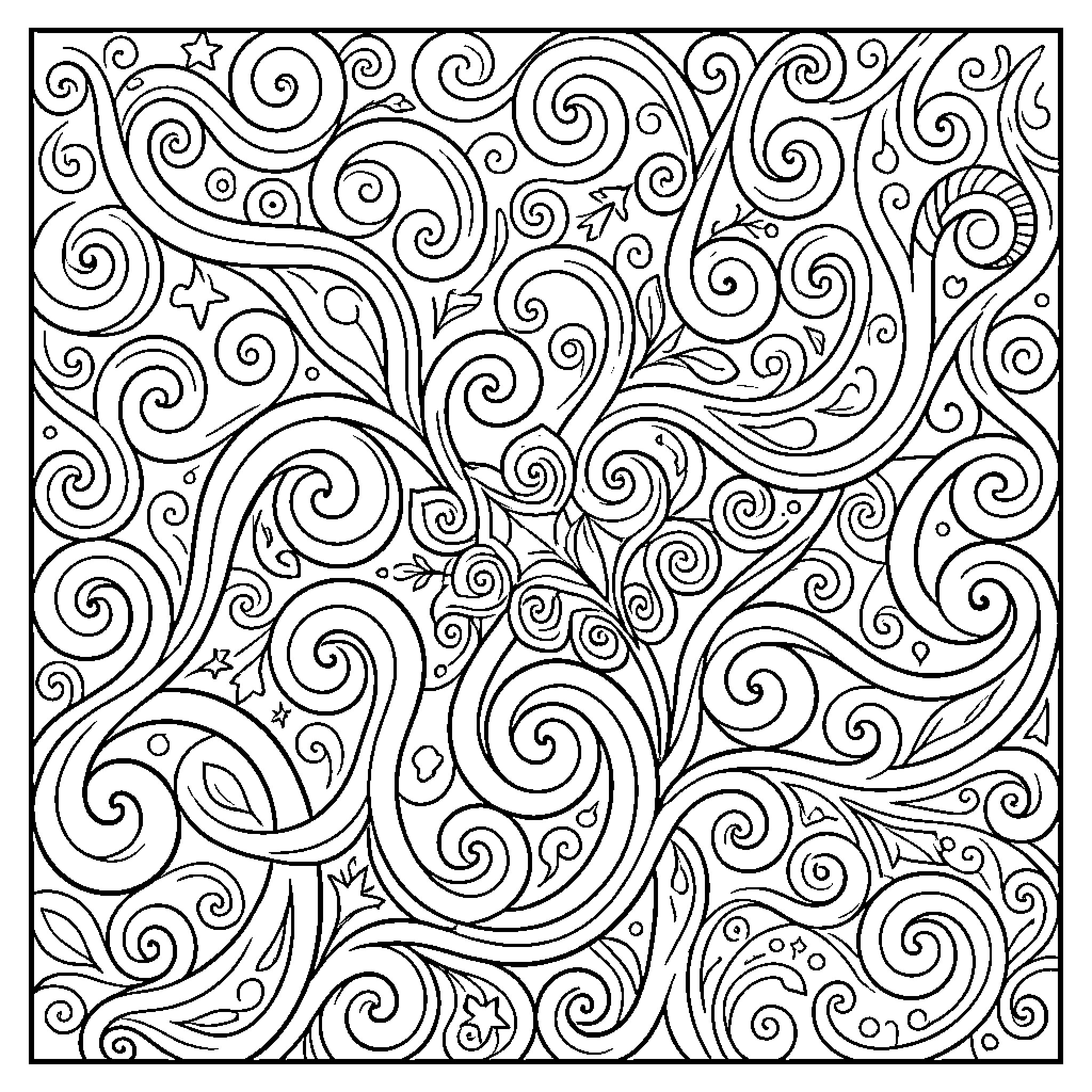 Pattern of Intricate Swirls and Shapes Coloring Page (free black-and-white line drawing printable PDF for all, from beginners to advanced learners, including children, teens, adults, and seniors)