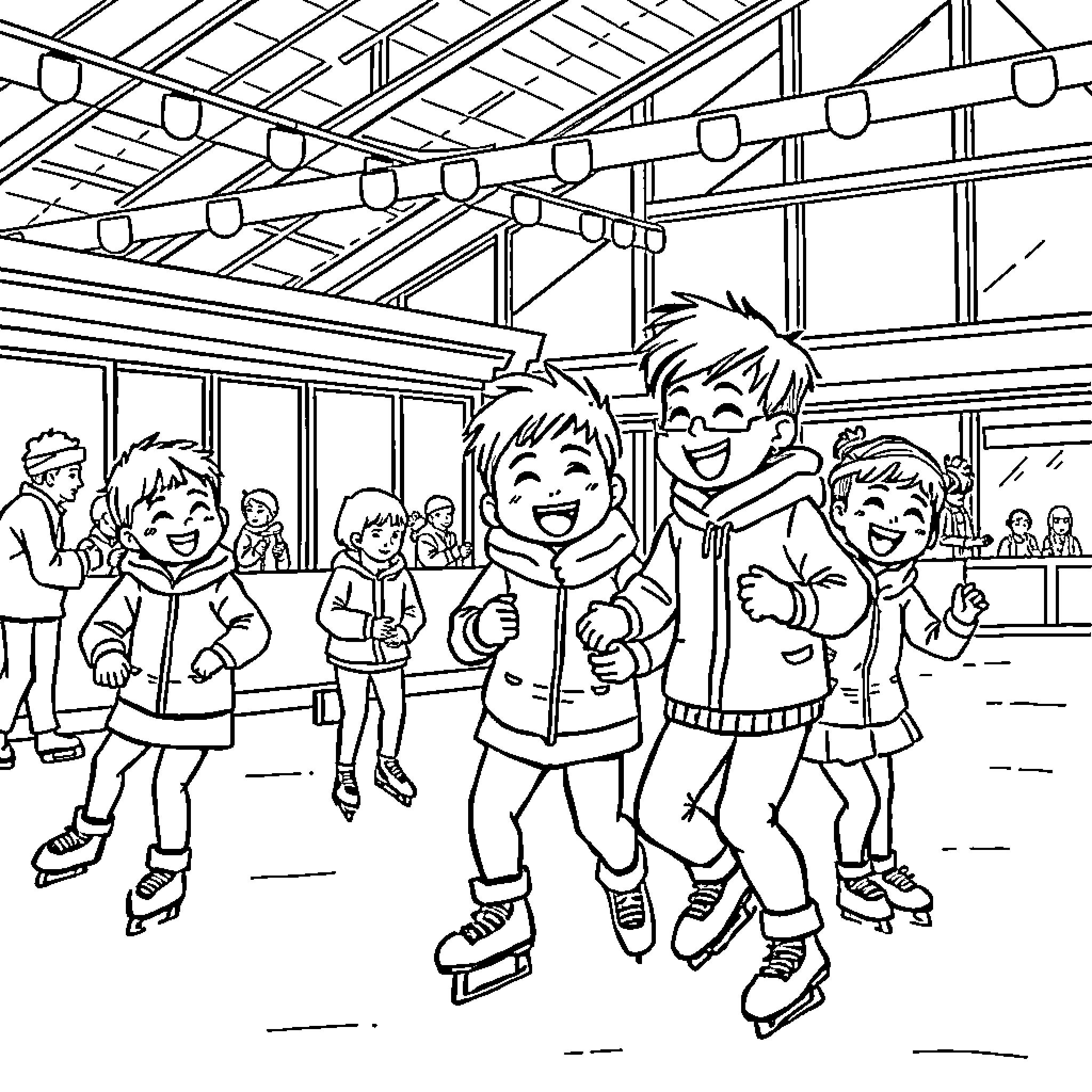 Ice Skating: Children having fun at the rink Coloring Page (free black-and-white line drawing printable PDF for all, from beginners to advanced learners, including children, teens, adults, and seniors)