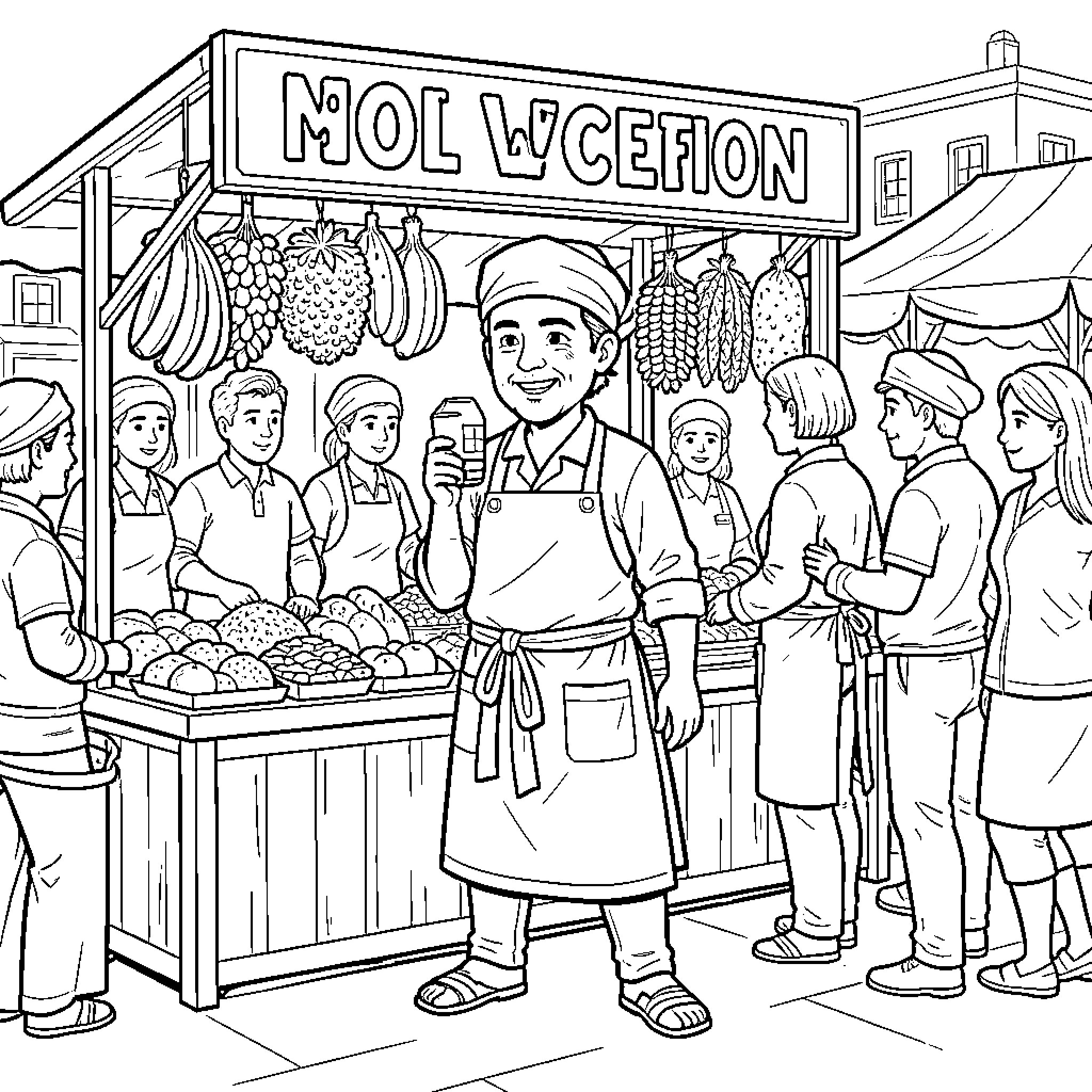 Soni vendors serving customers at a busy market stall Coloring Page (free black-and-white line drawing printable PDF for all, from beginners to advanced learners, including children, teens, adults, and seniors)
