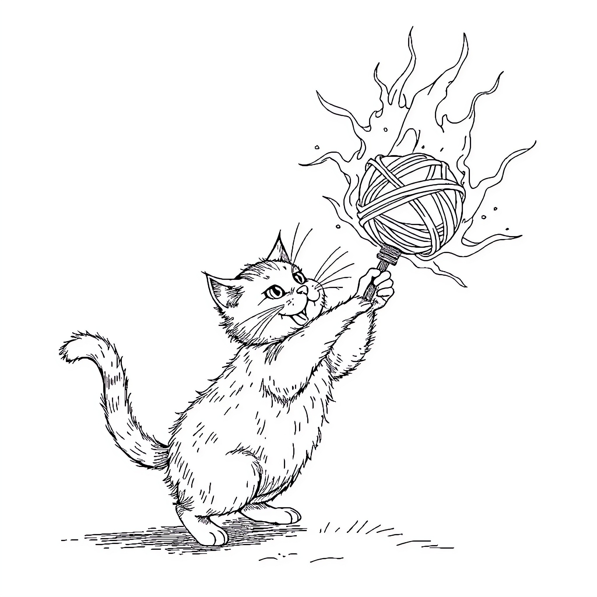 Cat playing with yarn ball Coloring Page (free black-and-white line drawing printable PDF for all, from beginners to advanced learners, including children, teens, adults, and seniors)