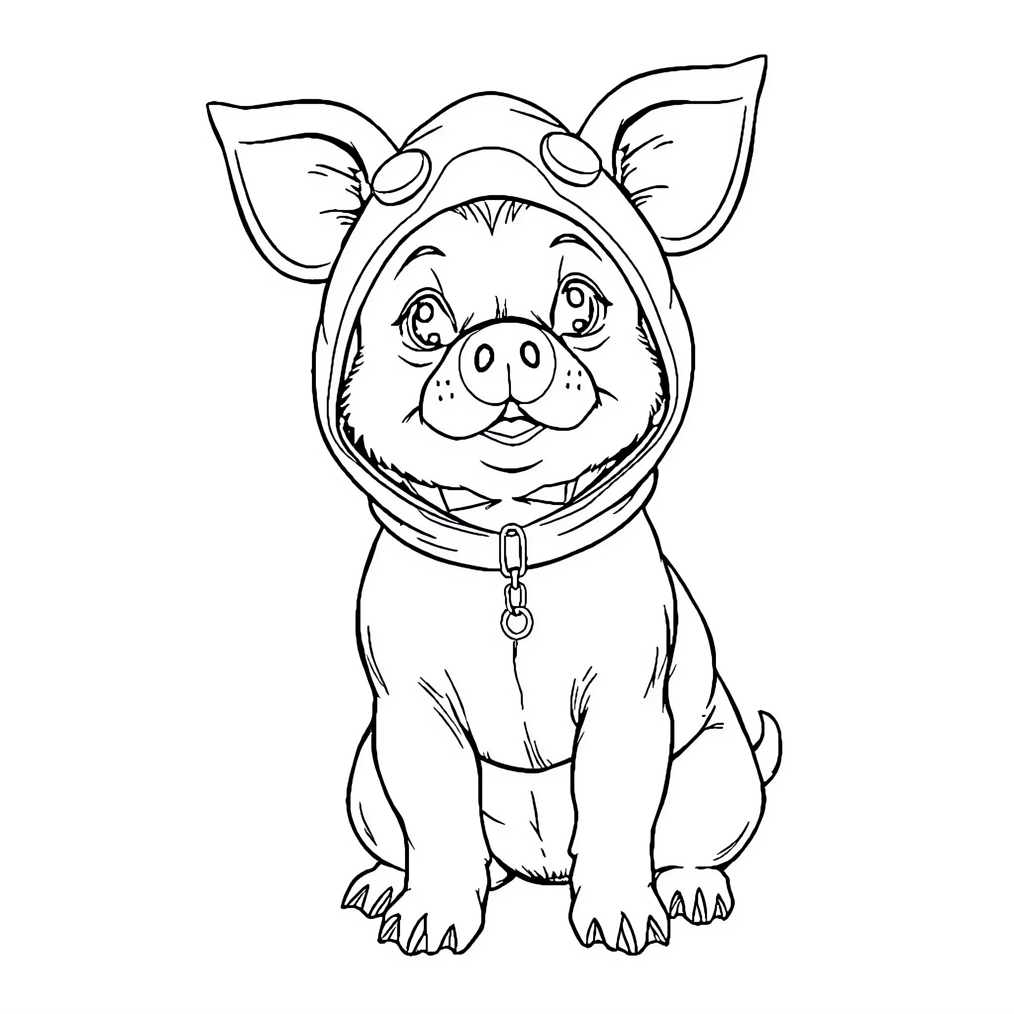 Dog in a cute costume Coloring Page (free black-and-white line drawing printable PDF for all, from beginners to advanced learners, including children, teens, adults, and seniors)
