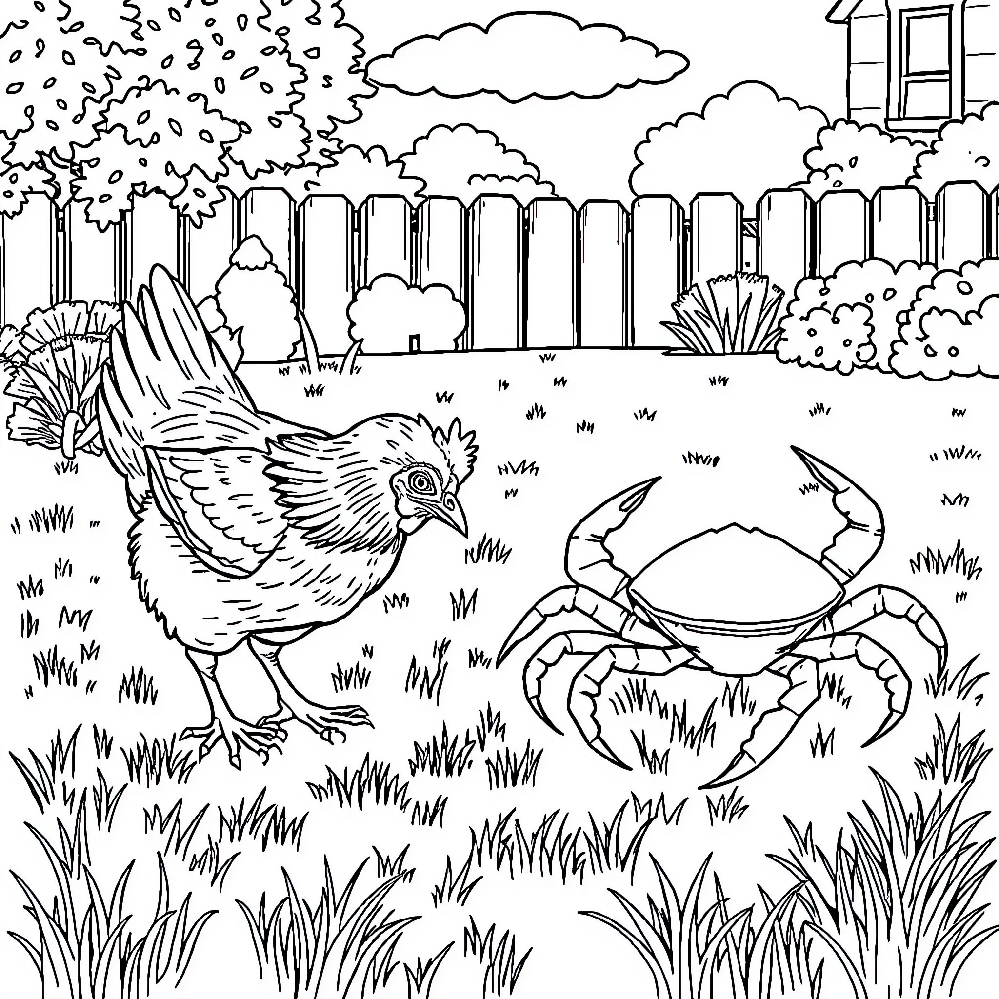 Chicken and Crab in Backyard Garden Coloring Page (free black-and-white line drawing printable PDF for all, from beginners to advanced learners, including children, teens, adults, and seniors)