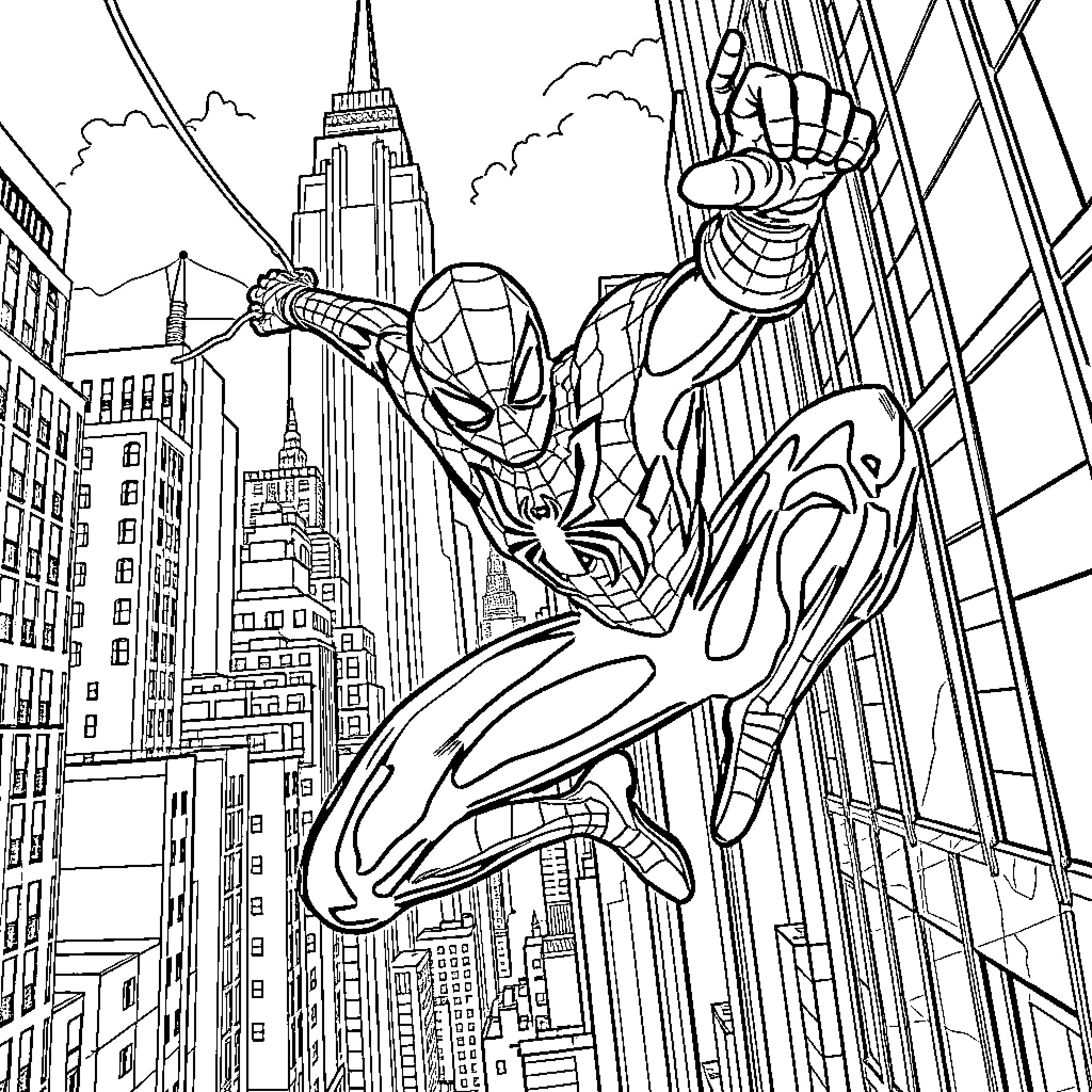 Spiderman swinging through the city skyscrapers Coloring Page (free black-and-white line drawing printable PDF for all, from beginners to advanced learners, including children, teens, adults, and seniors)