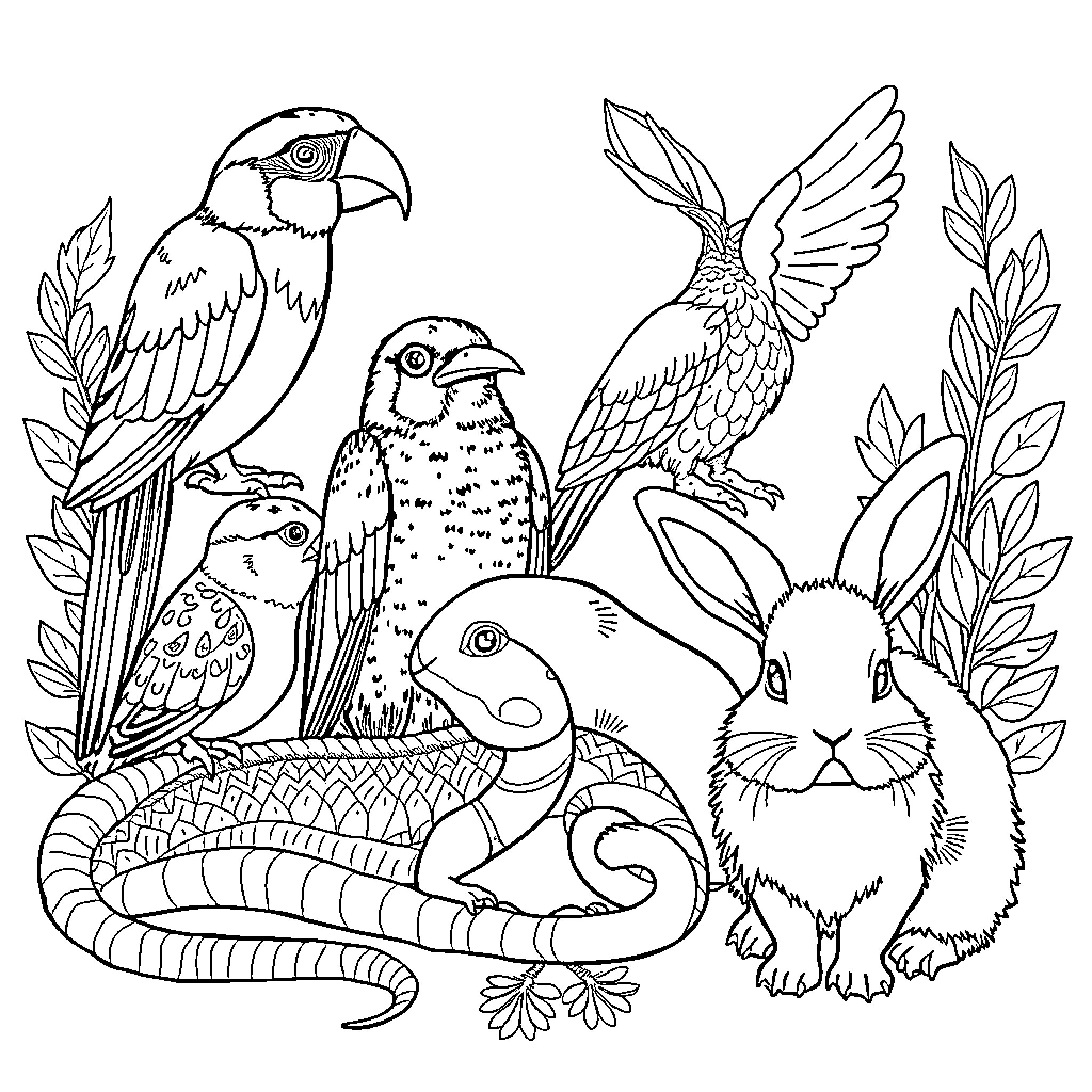 Pet Animals in a Whimsical Natural Scene Coloring Page (free black-and-white line drawing printable PDF for all, from beginners to advanced learners, including children, teens, adults, and seniors)