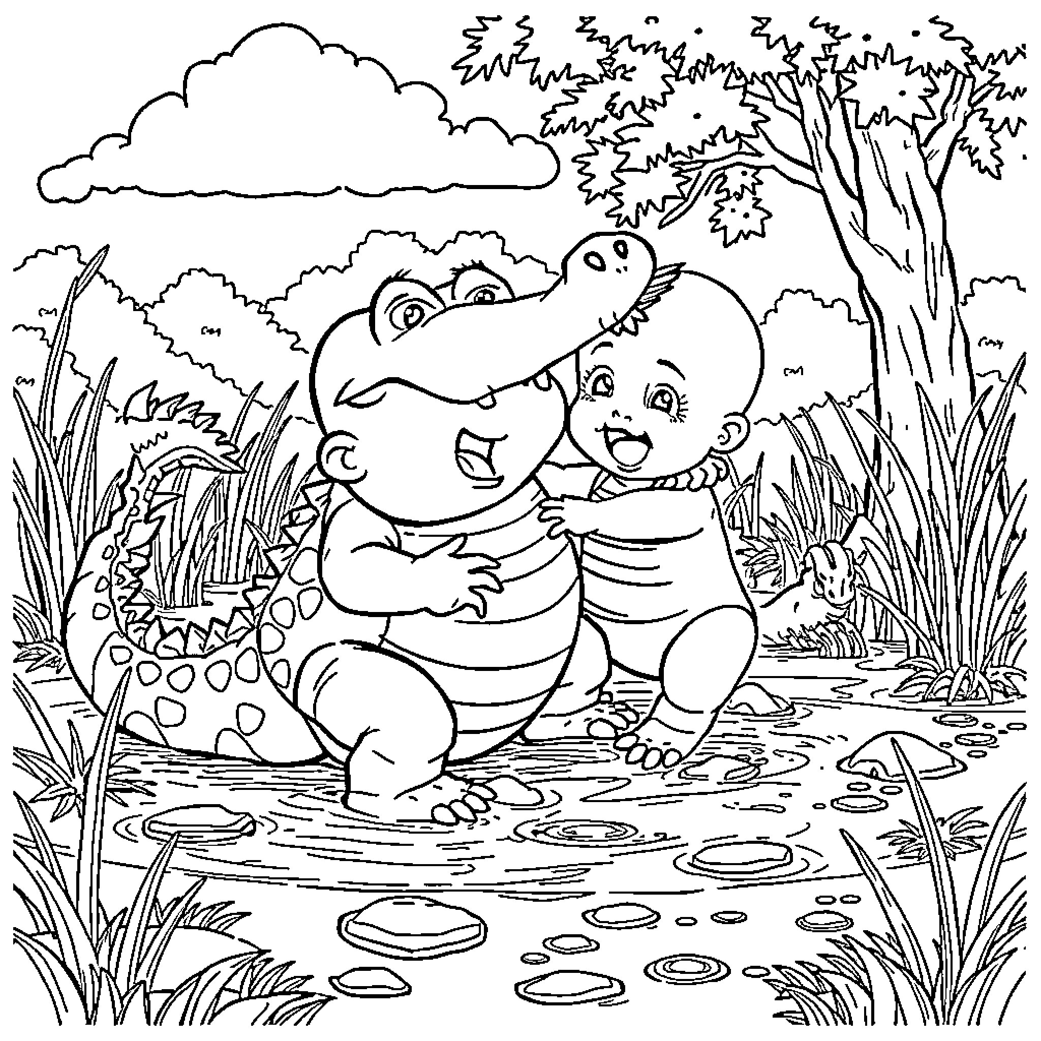 Boss Baby Playing Happily with Alligator in the Swamp Coloring Page (free black-and-white line drawing printable PDF for all, from beginners to advanced learners, including children, teens, adults, and seniors)