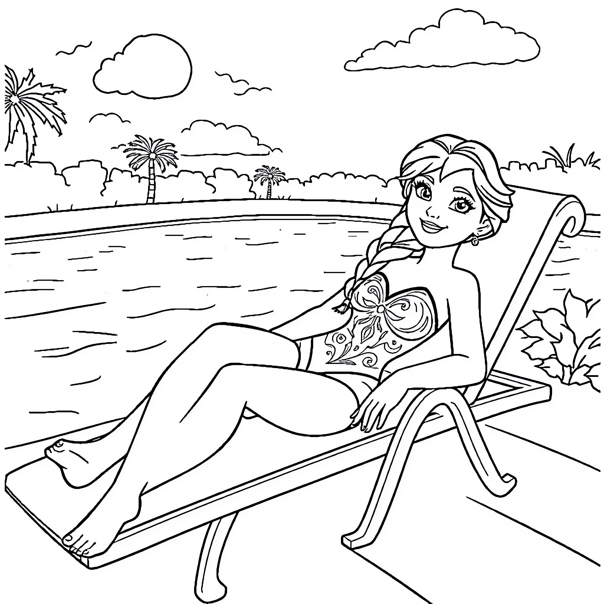 Anna relaxing on the beach in a tropical setting Coloring Page (free black-and-white line drawing printable PDF for all, from beginners to advanced learners, including children, teens, adults, and seniors)