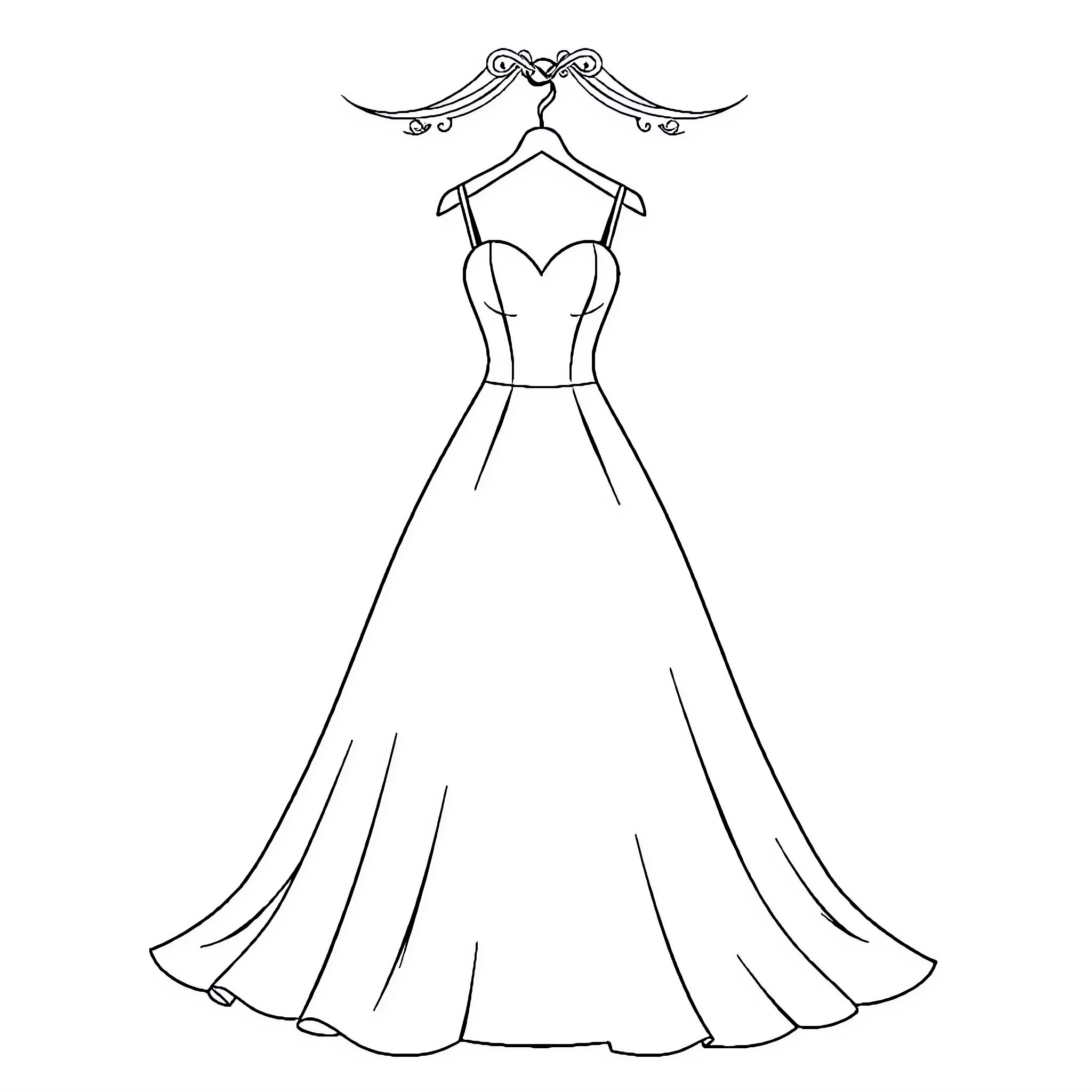 Wedding Dress Hanging on Ornate Rack Coloring Page (free black-and-white line drawing printable PDF for all, from beginners to advanced learners, including children, teens, adults, and seniors)