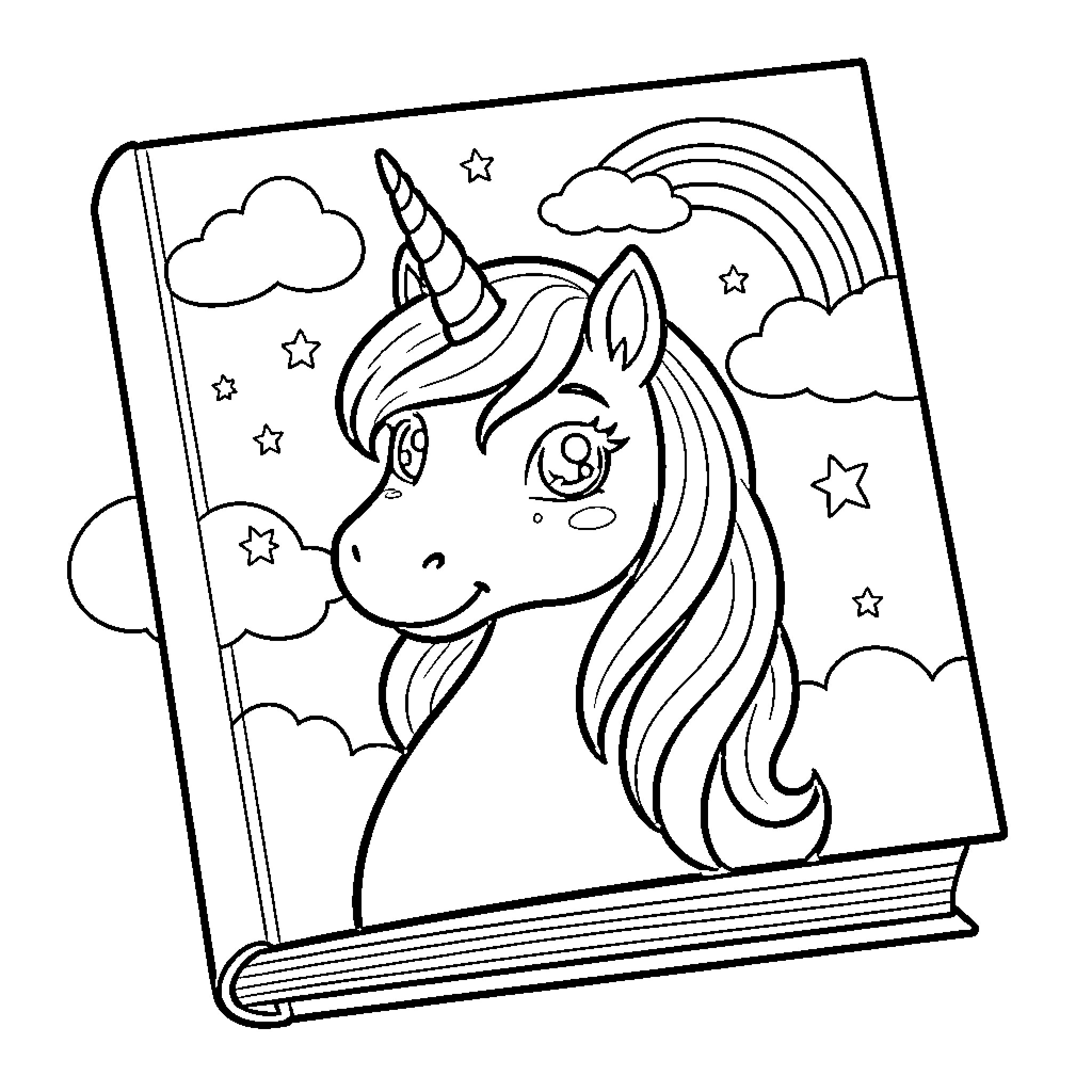 Unicorn smiling amidst clouds and a rainbow Coloring Page (free black-and-white line drawing printable PDF for all, from beginners to advanced learners, including children, teens, adults, and seniors)