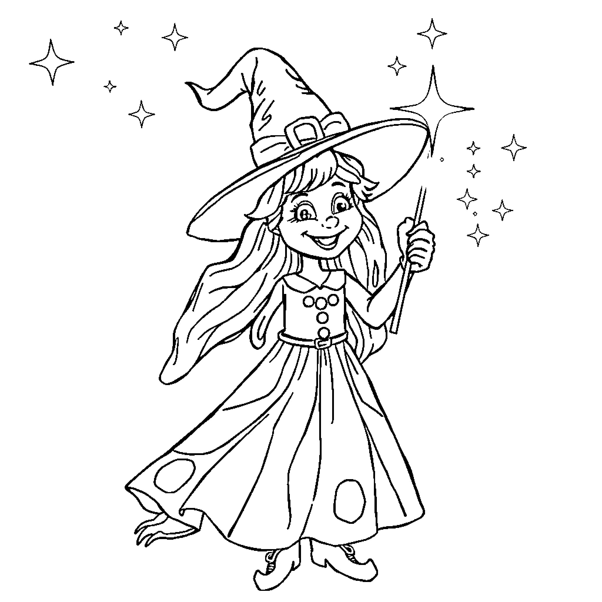 Witch casting a spell with magical stars Coloring Page (free black-and-white line drawing printable PDF for all, from beginners to advanced learners, including children, teens, adults, and seniors)