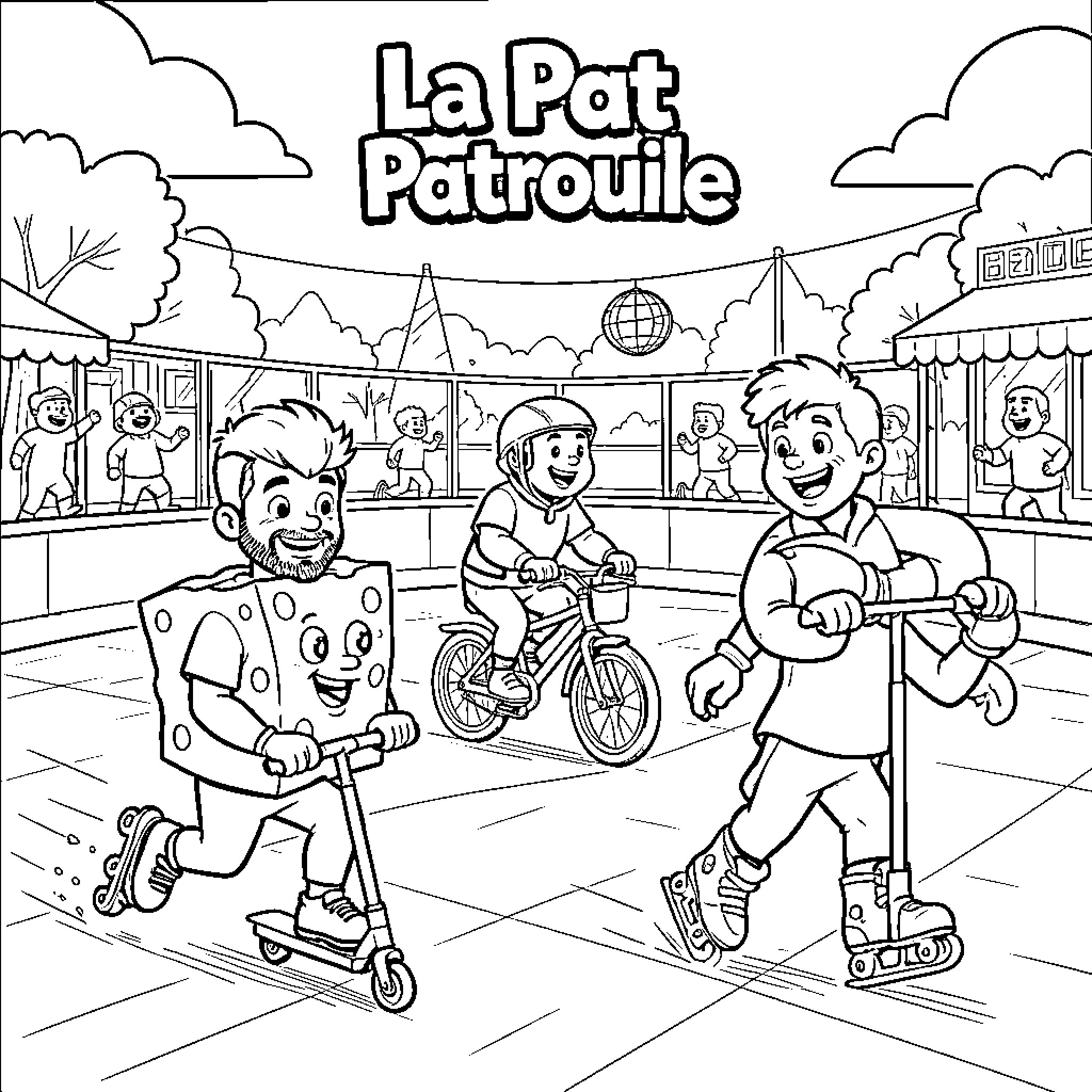 Patrouille of children playing on scooters and bicycles Coloring Page (free black-and-white line drawing printable PDF for all, from beginners to advanced learners, including children, teens, adults, and seniors)