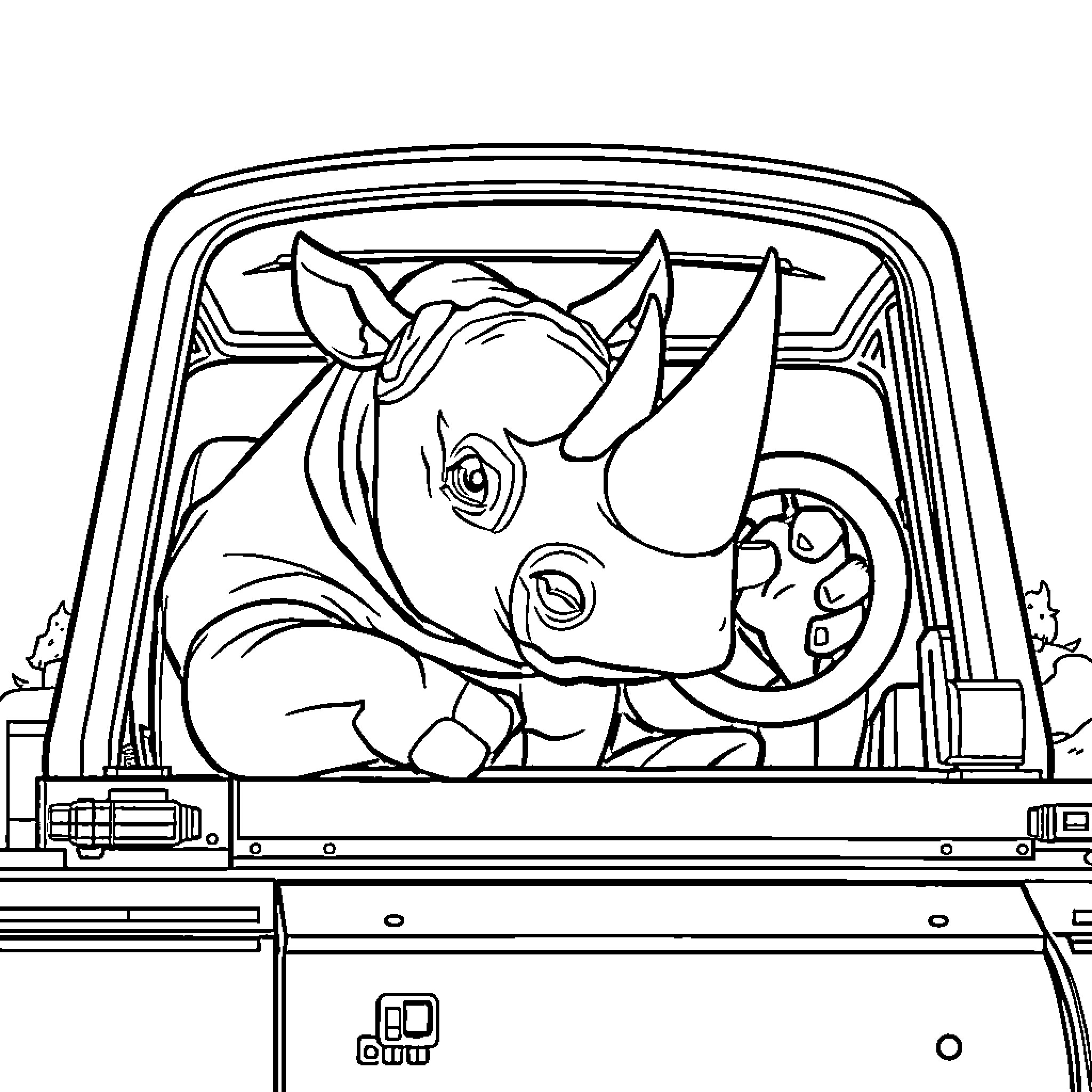 Rhino relaxing in the back of a truck Coloring Page (free black-and-white line drawing printable PDF for all, from beginners to advanced learners, including children, teens, adults, and seniors)