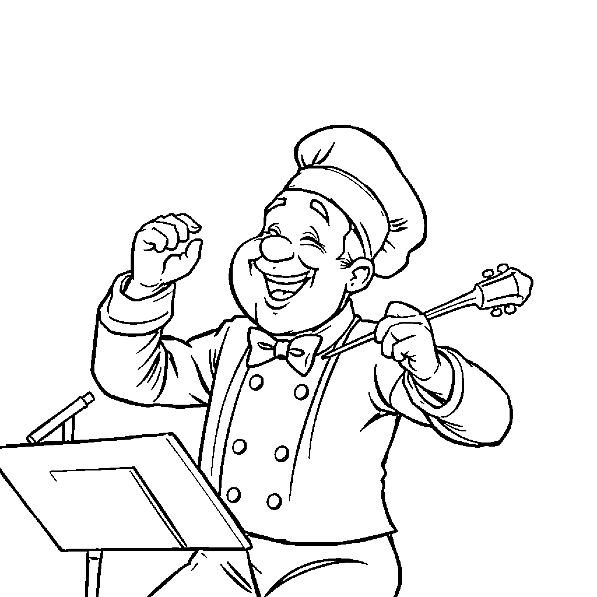 Chef happily playing guitar on stage Coloring Page (free black-and-white line drawing printable PDF for all, from beginners to advanced learners, including children, teens, adults, and seniors)
