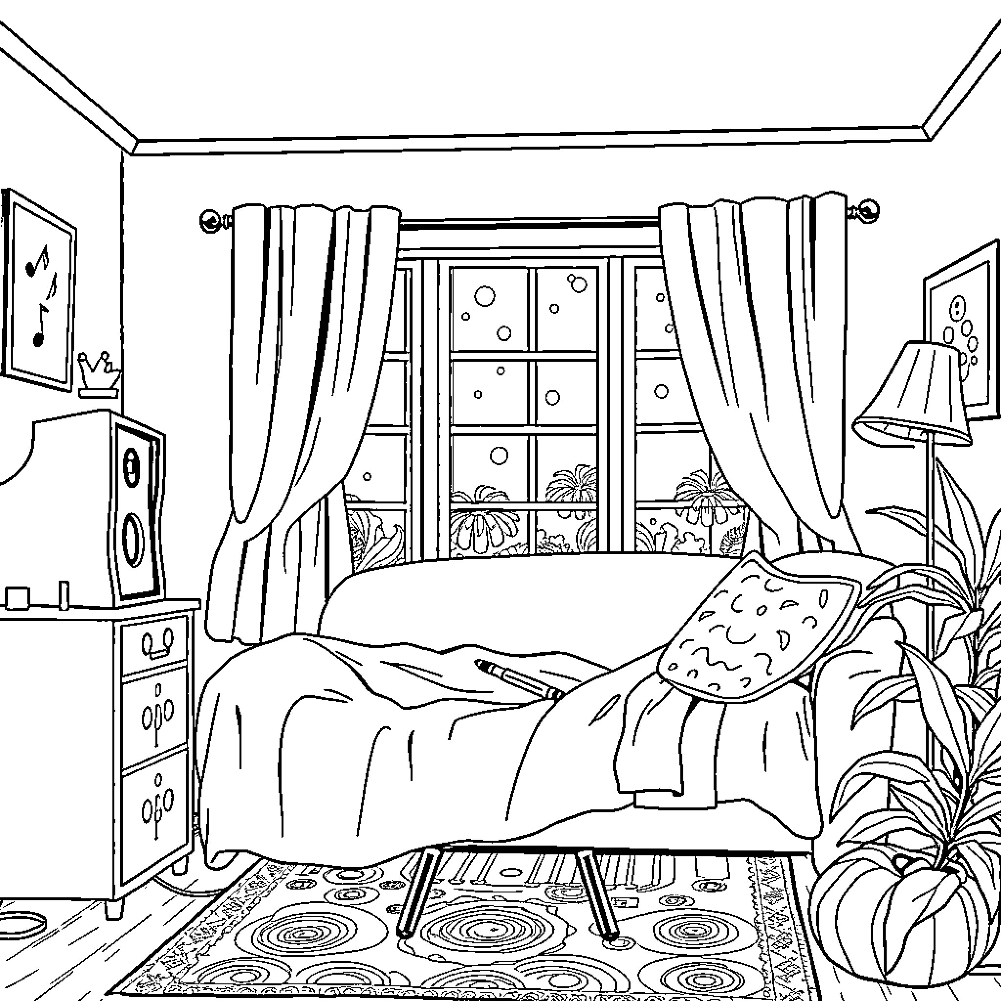 Music in the Cozy Bedroom Coloring Page (free black-and-white line drawing printable PDF for all, from beginners to advanced learners, including children, teens, adults, and seniors)