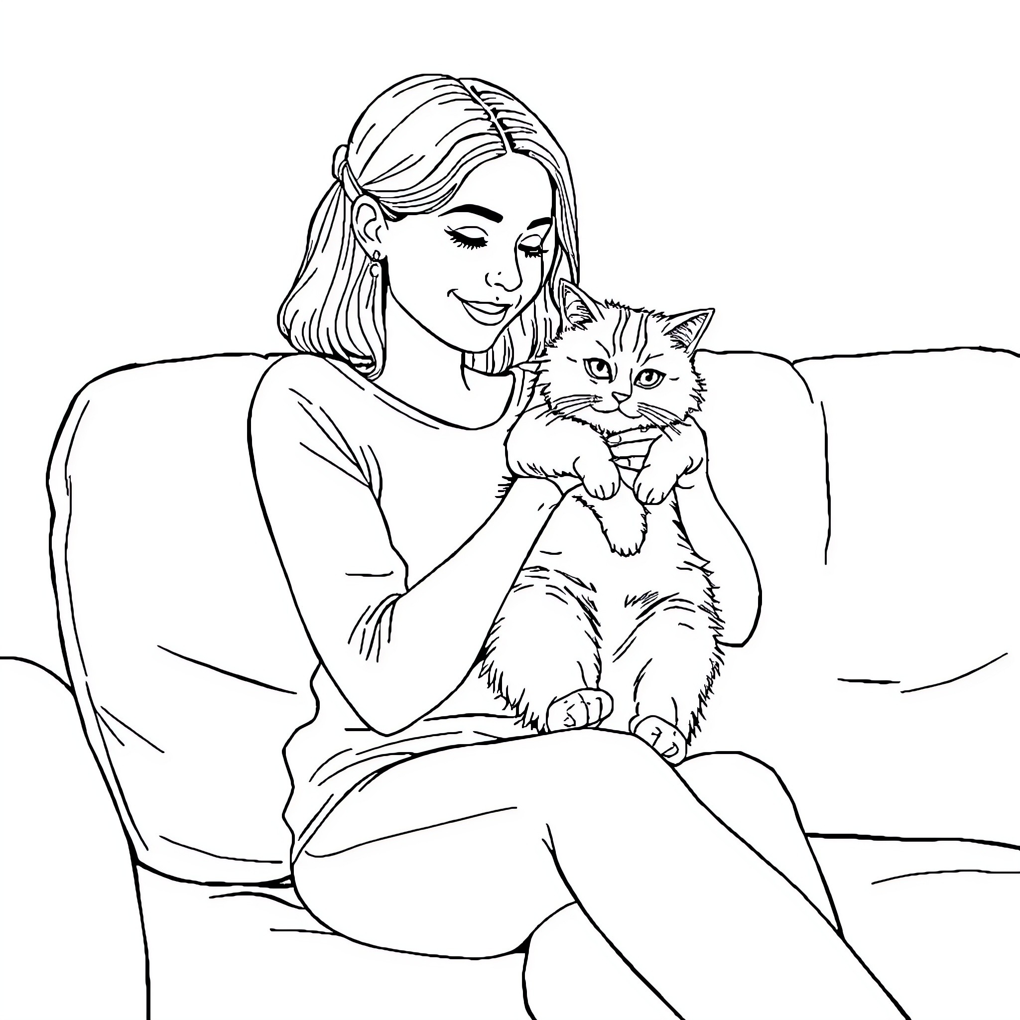 Woman cuddling with her pet cat on the couch Coloring Page (free black-and-white line drawing printable PDF for all, from beginners to advanced learners, including children, teens, adults, and seniors)