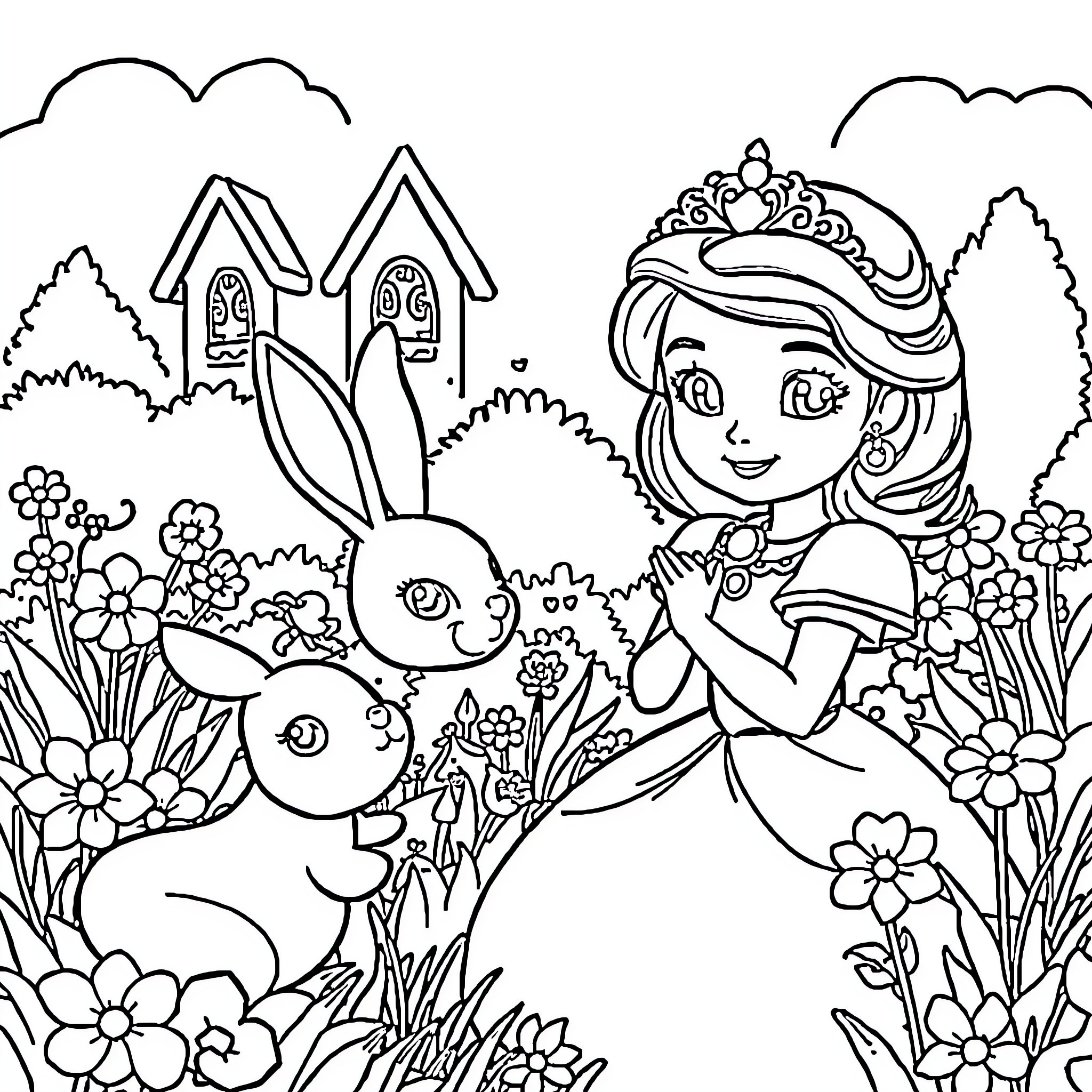 Princess exploring the enchanted garden with adorable bunnies Coloring Page (free black-and-white line drawing printable PDF for all, from beginners to advanced learners, including children, teens, adults, and seniors)