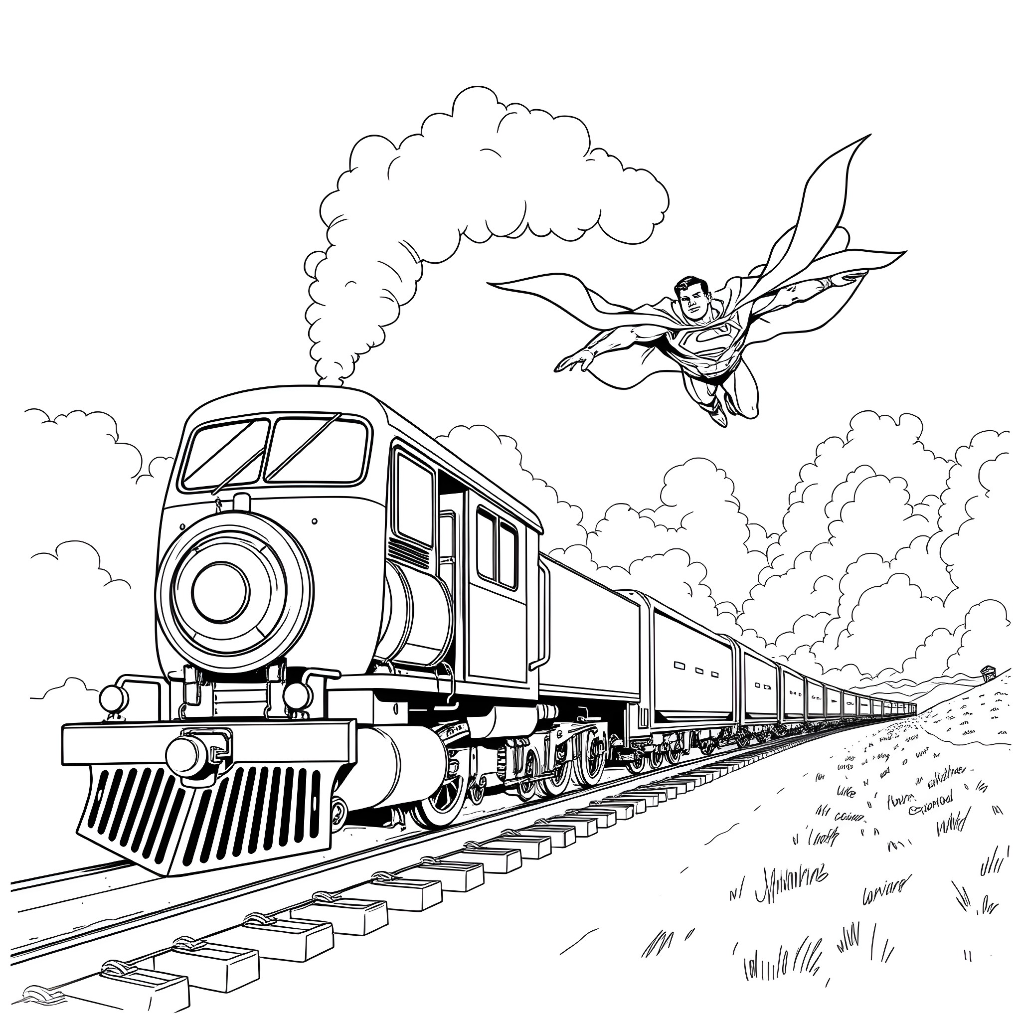 Van soaring above speeding train on railway tracks Coloring Page (free black-and-white line drawing printable PDF for all, from beginners to advanced learners, including children, teens, adults, and seniors)