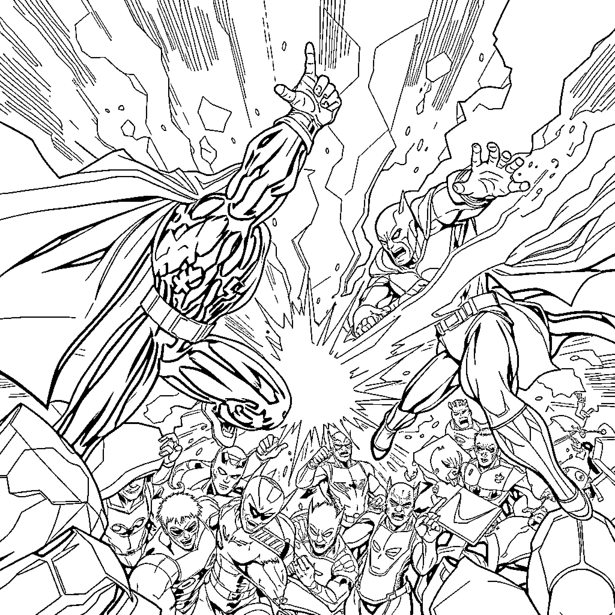 Marvel vs DC: Superheroes in Epic Clash Coloring Page (free black-and-white line drawing printable PDF for all, from beginners to advanced learners, including children, teens, adults, and seniors)