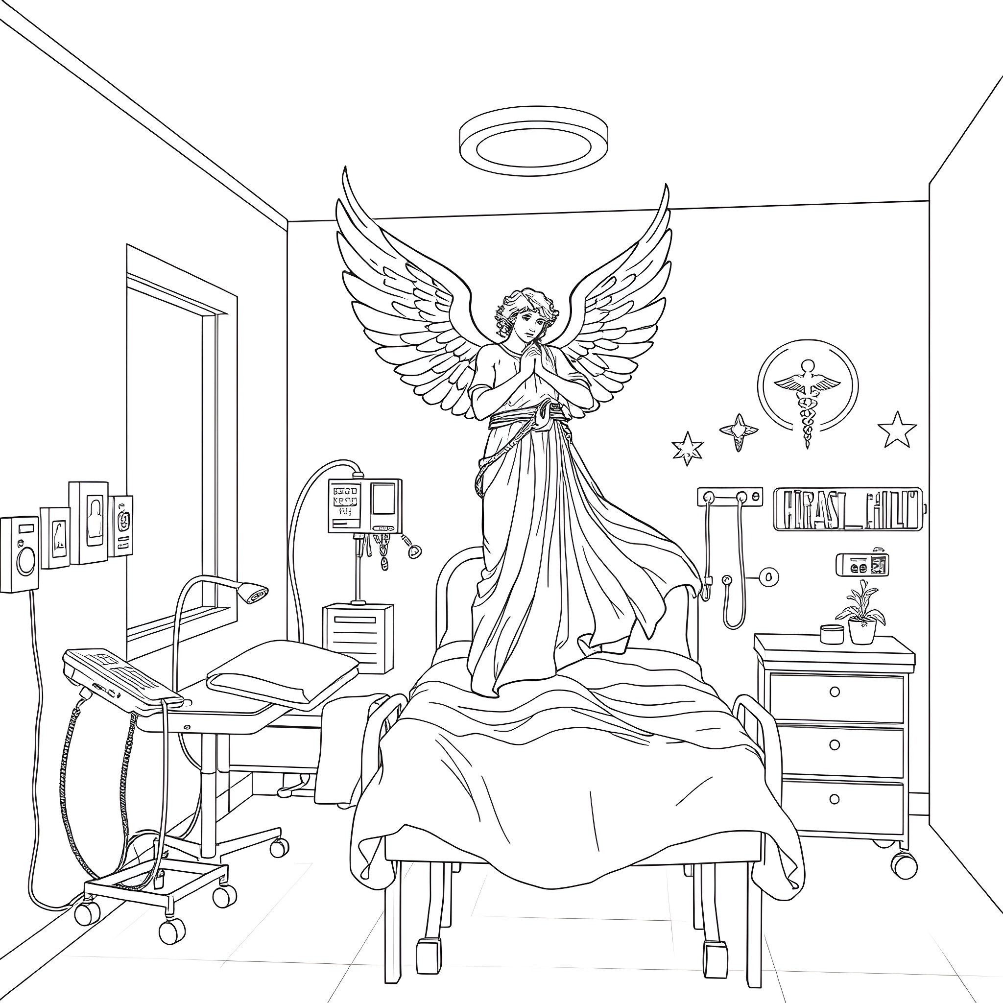 Archangel watching over medical patient in hospital room Coloring Page (free black-and-white line drawing printable PDF for all, from beginners to advanced learners, including children, teens, adults, and seniors)