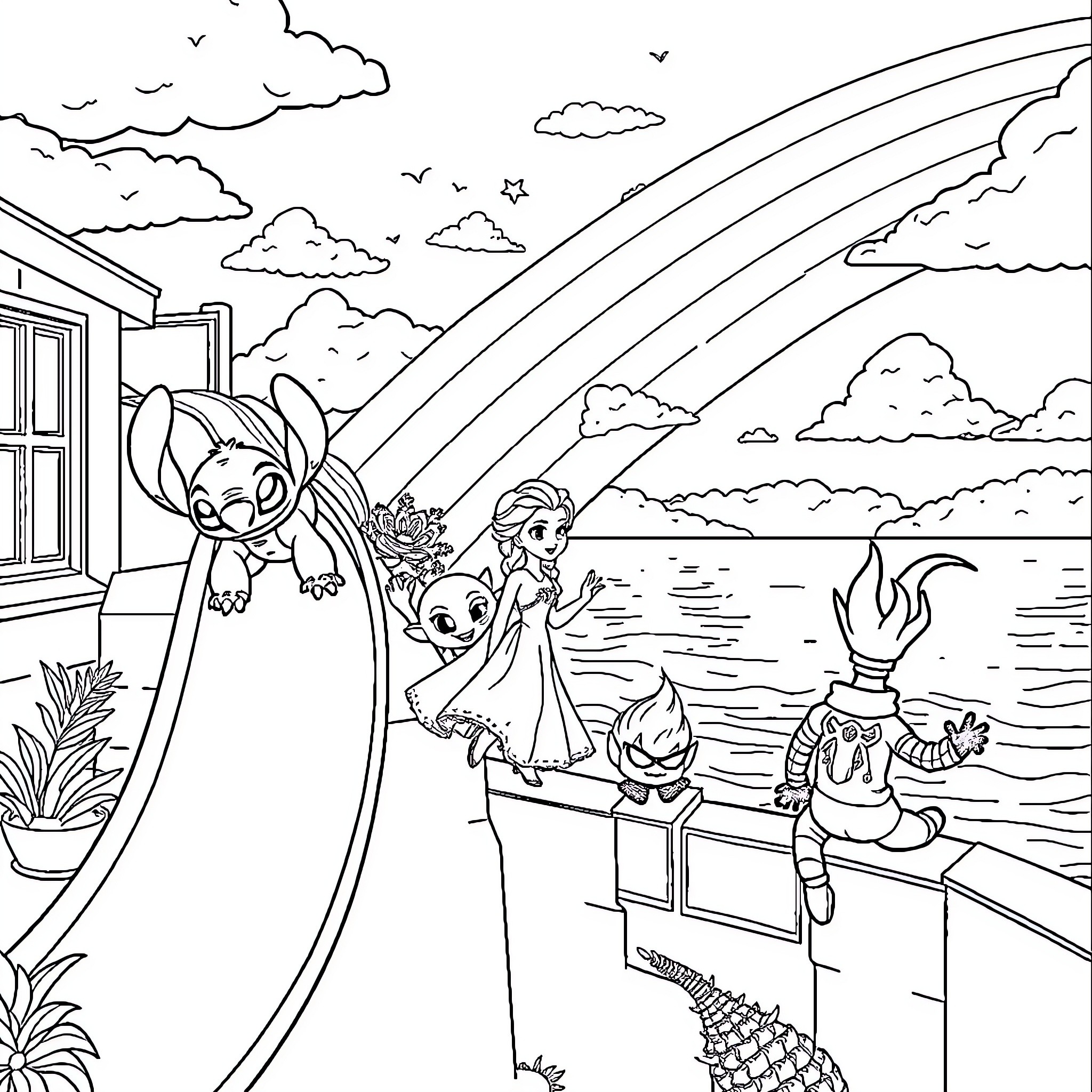 Stitch and friends explore a magical landscape Coloring Page (free black-and-white line drawing printable PDF for all, from beginners to advanced learners, including children, teens, adults, and seniors)