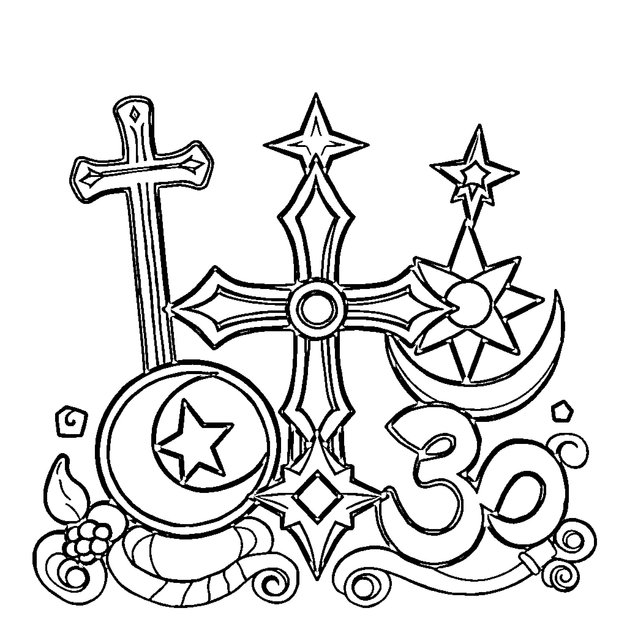 Religion Symbols with Crosses, Stars, and Crescent Moon Coloring Page (free black-and-white line drawing printable PDF for all, from beginners to advanced learners, including children, teens, adults, and seniors)
