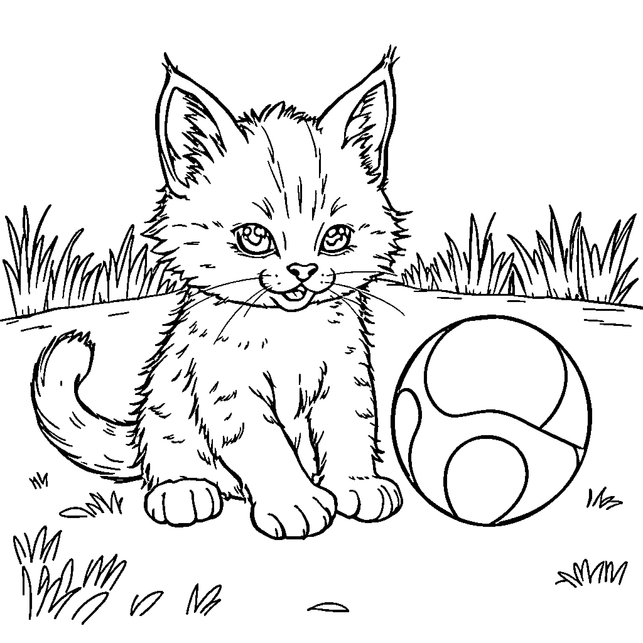 Cat playing with ball in grassy field Coloring Page (free black-and-white line drawing printable PDF for all, from beginners to advanced learners, including children, teens, adults, and seniors)