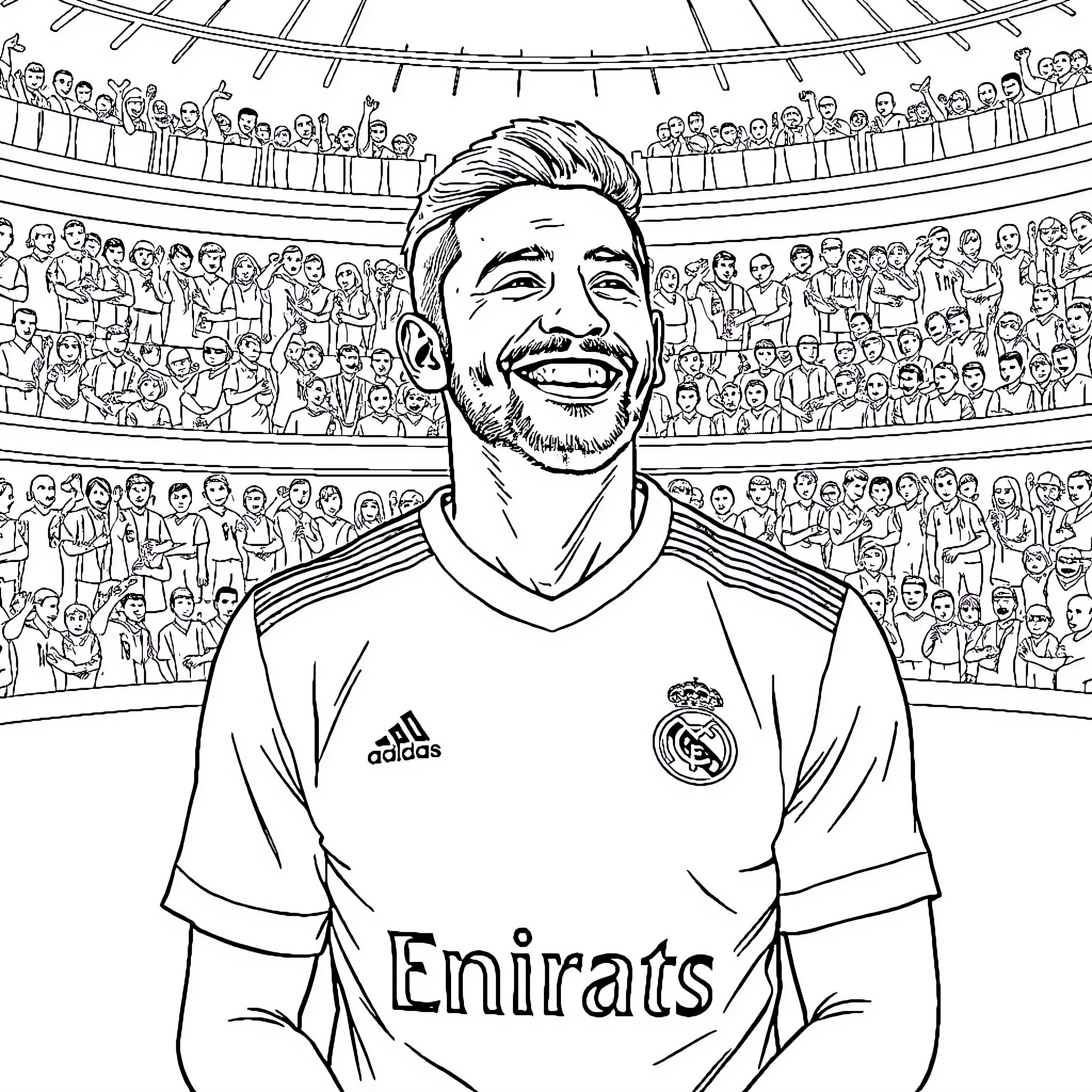 Armenian Soccer Player Celebrates Victory in Front of Cheering Fans Coloring Page (free black-and-white line drawing printable PDF for all, from beginners to advanced learners, including children, teens, adults, and seniors)