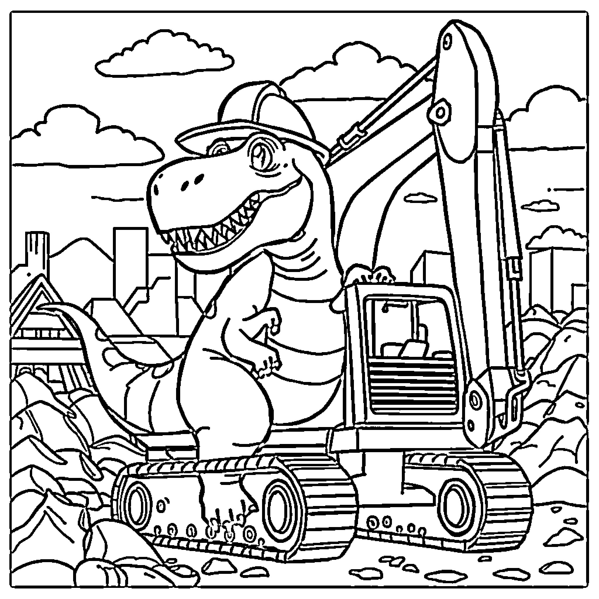 Dinosaur operating construction machinery in the city Coloring Page (free black-and-white line drawing printable PDF for all, from beginners to advanced learners, including children, teens, adults, and seniors)