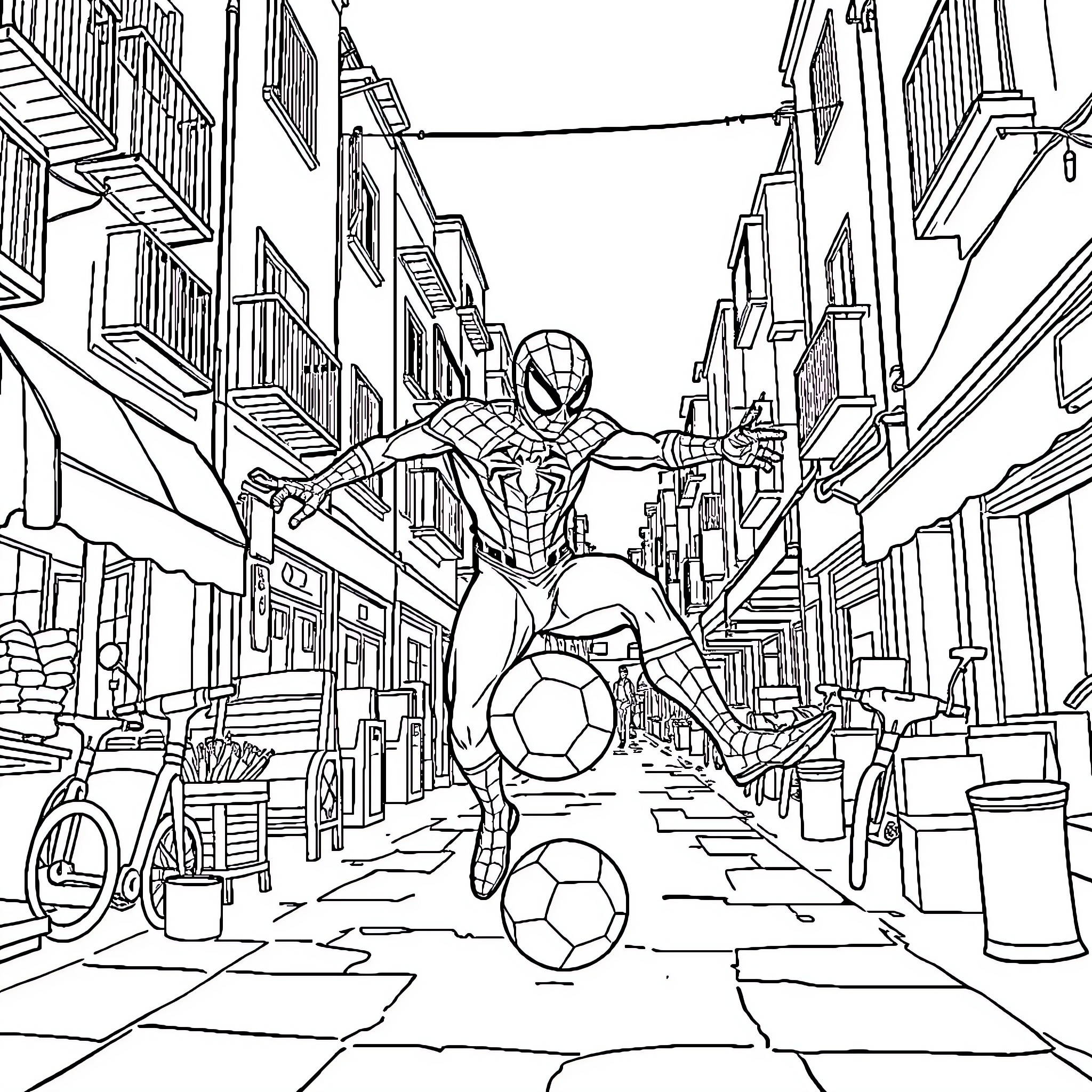Spiderman dribbling soccer balls through the city streets Coloring Page (free black-and-white line drawing printable PDF for all, from beginners to advanced learners, including children, teens, adults, and seniors)