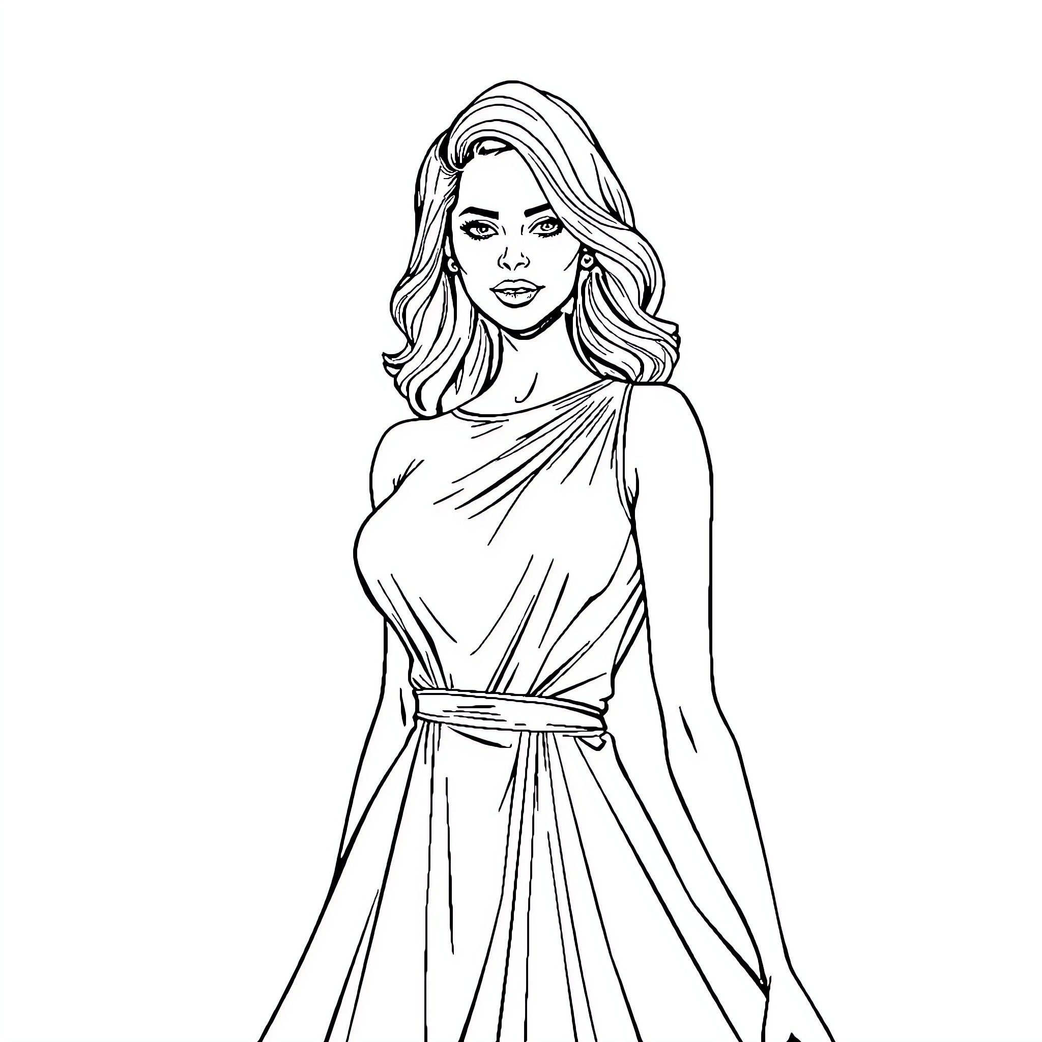 Lady in Elegant Gown with Flowing Hair Coloring Page (free black-and-white line drawing printable PDF for all, from beginners to advanced learners, including children, teens, adults, and seniors)