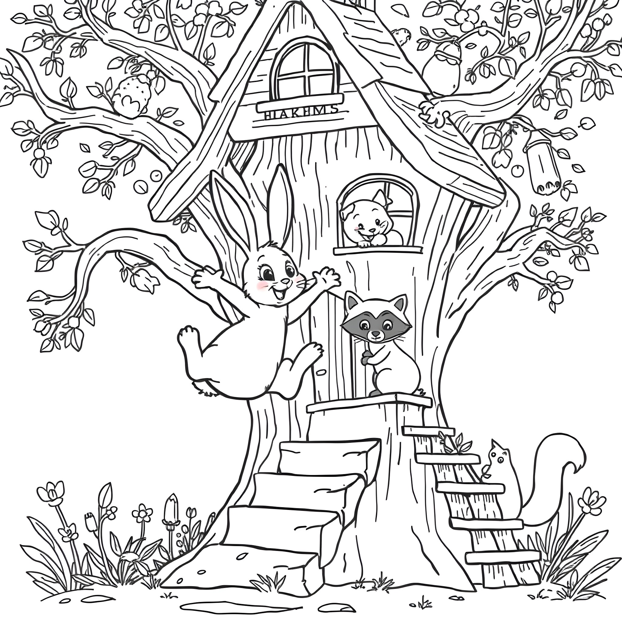 Bunny and friends exploring the treehouse Coloring Page (free black-and-white line drawing printable PDF for all, from beginners to advanced learners, including children, teens, adults, and seniors)