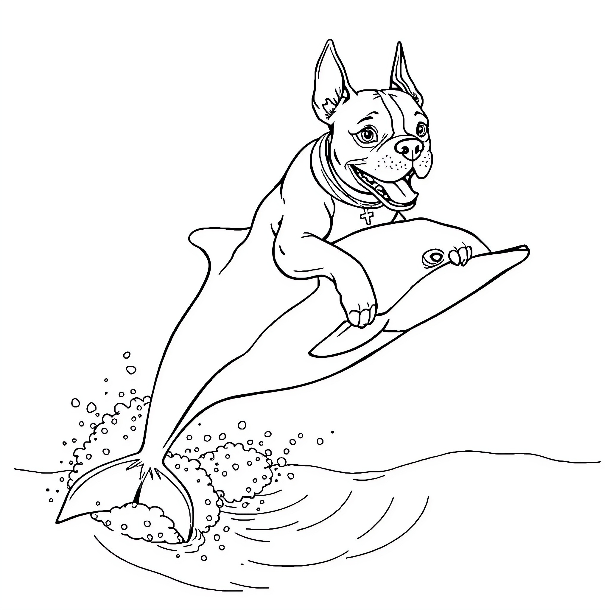 Pitbull Surfing in the Ocean Coloring Page (free black-and-white line drawing printable PDF for all, from beginners to advanced learners, including children, teens, adults, and seniors)