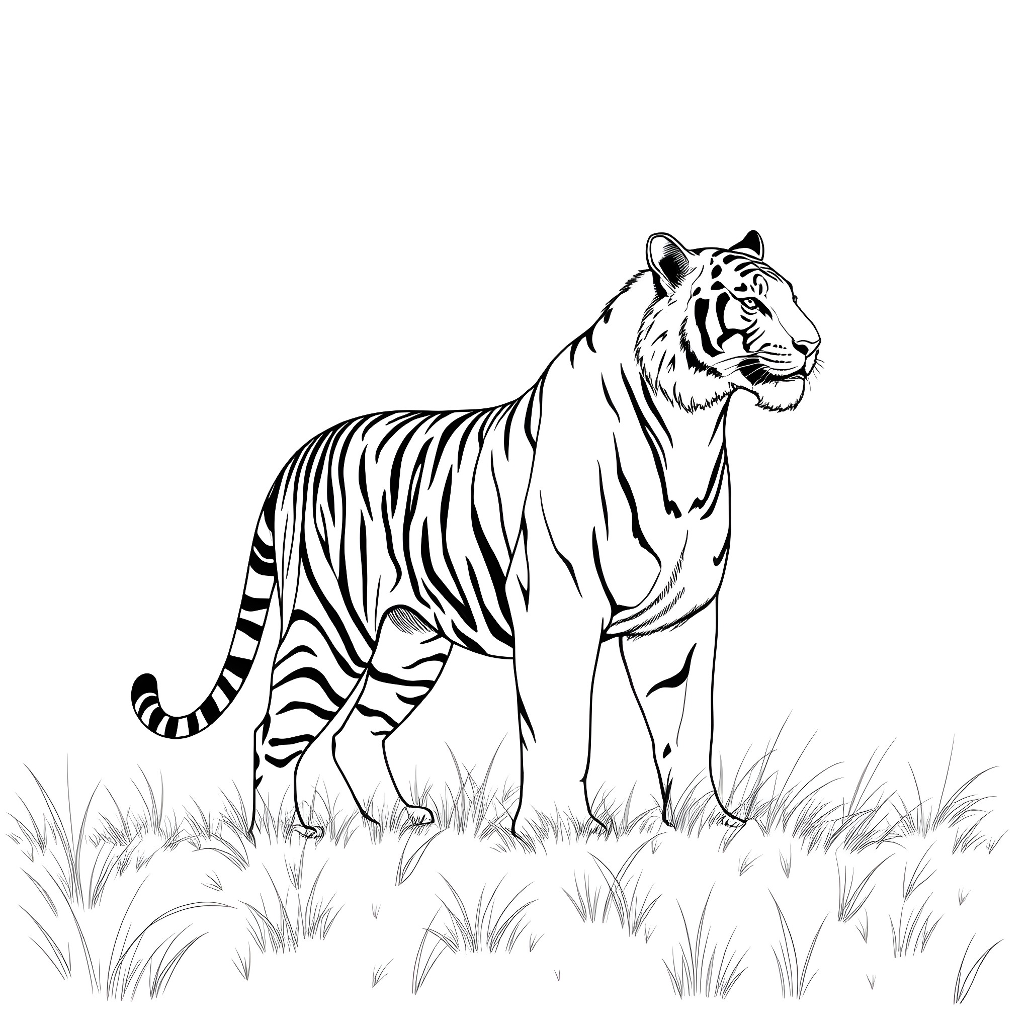 Tiger standing proudly in natural surroundings Coloring Page (free black-and-white line drawing printable PDF for all, from beginners to advanced learners, including children, teens, adults, and seniors)