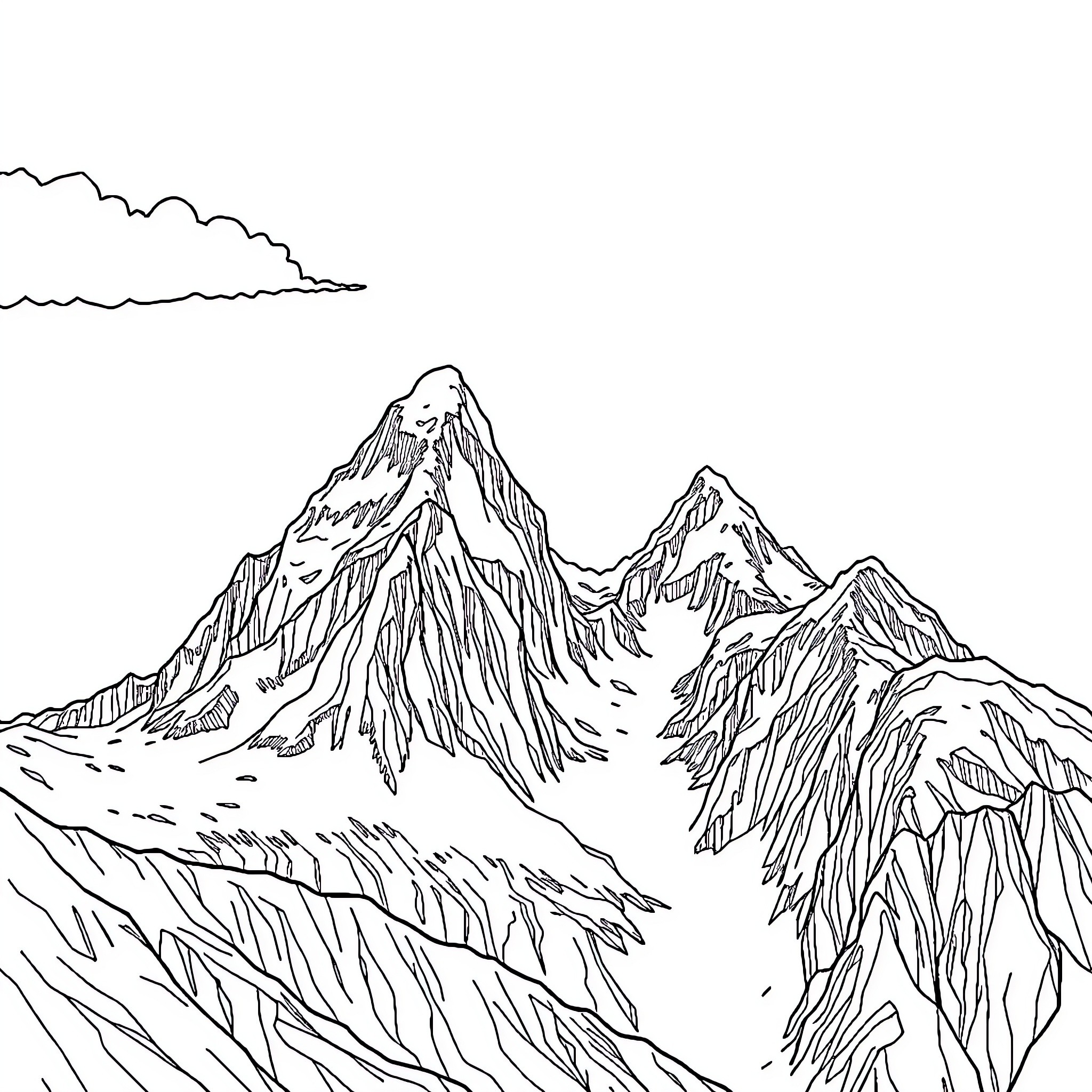 Mountain Range with Jagged Peaks Coloring Page (free black-and-white line drawing printable PDF for all, from beginners to advanced learners, including children, teens, adults, and seniors)