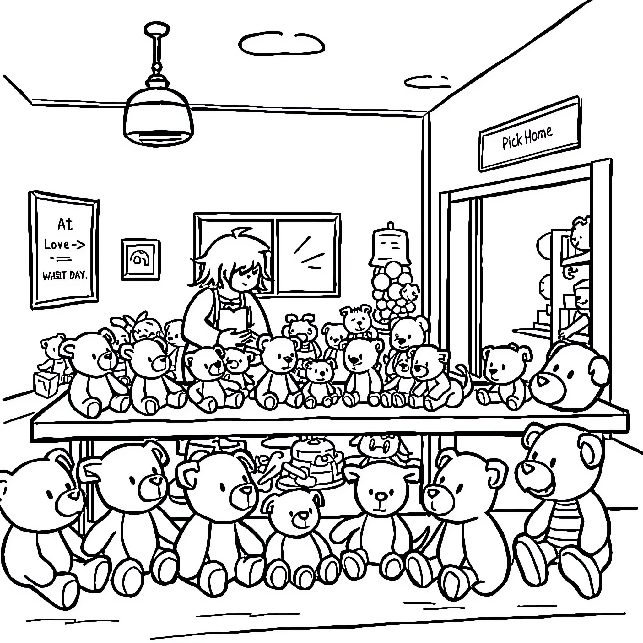 Plushie teddy bear shop with display of cute toys Coloring Page (free black-and-white line drawing printable PDF for all, from beginners to advanced learners, including children, teens, adults, and seniors)