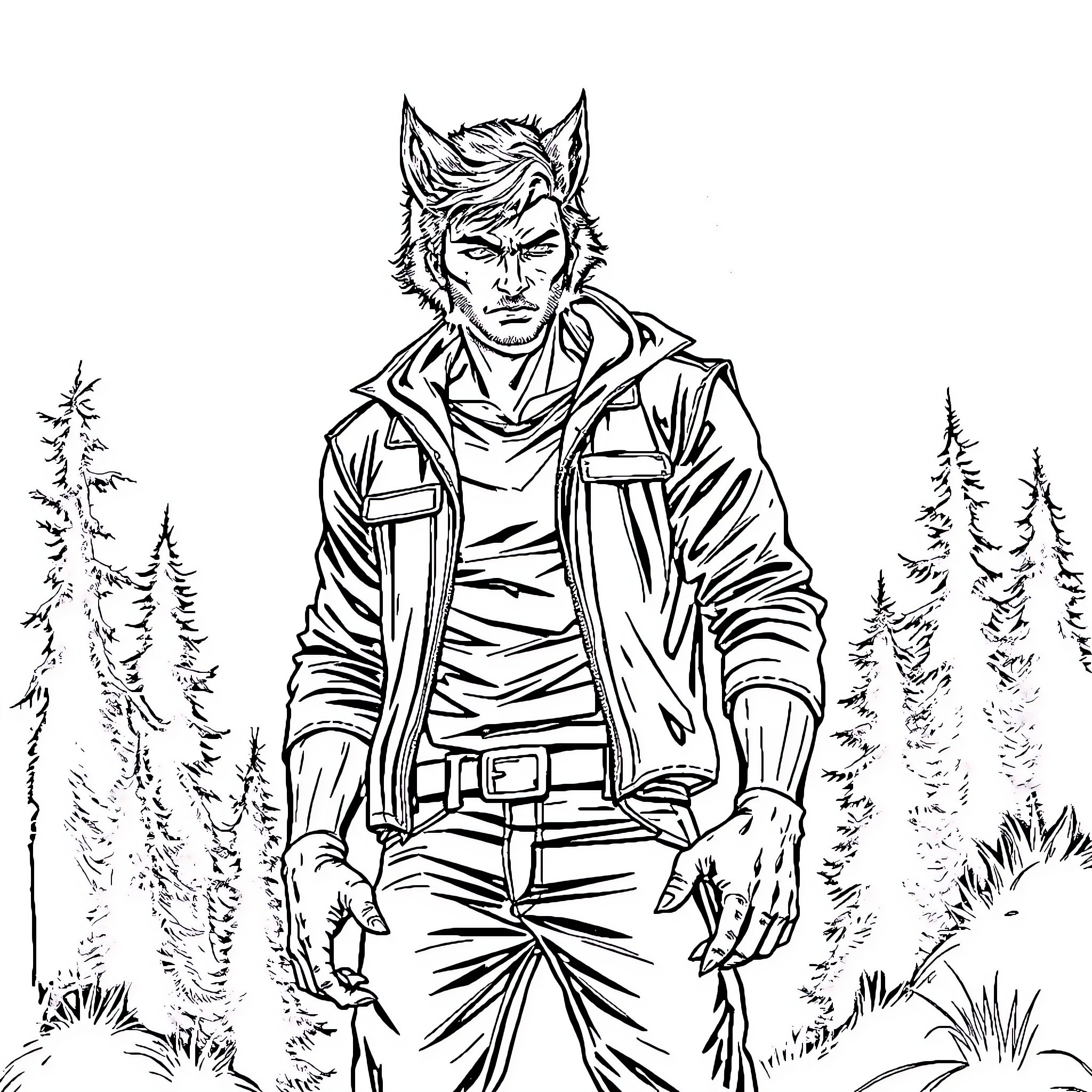 Wolf-eared man in rugged outdoor attire Coloring Page (free black-and-white line drawing printable PDF for all, from beginners to advanced learners, including children, teens, adults, and seniors)