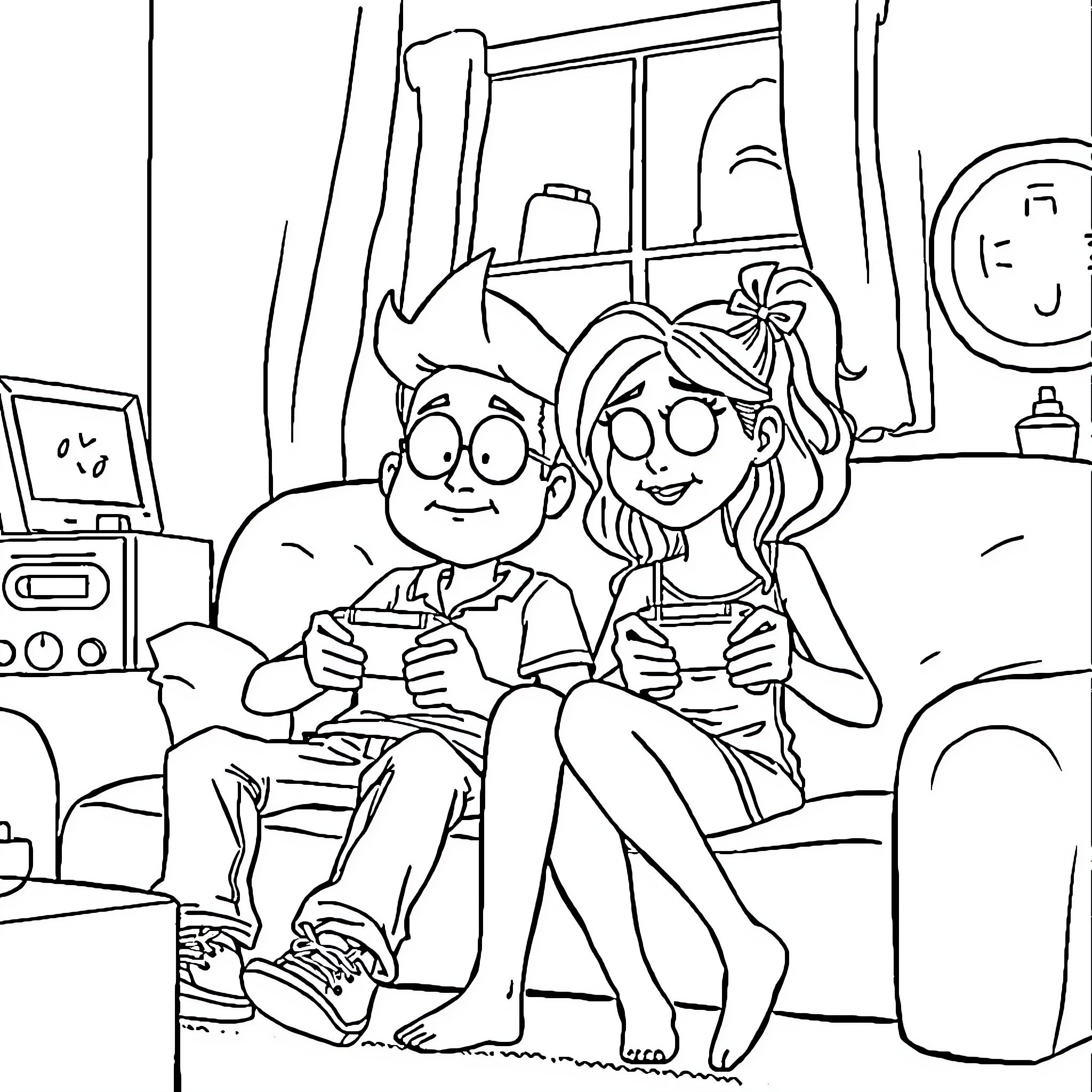 Jack and Sally playing video games together Coloring Page (free black-and-white line drawing printable PDF for all, from beginners to advanced learners, including children, teens, adults, and seniors)