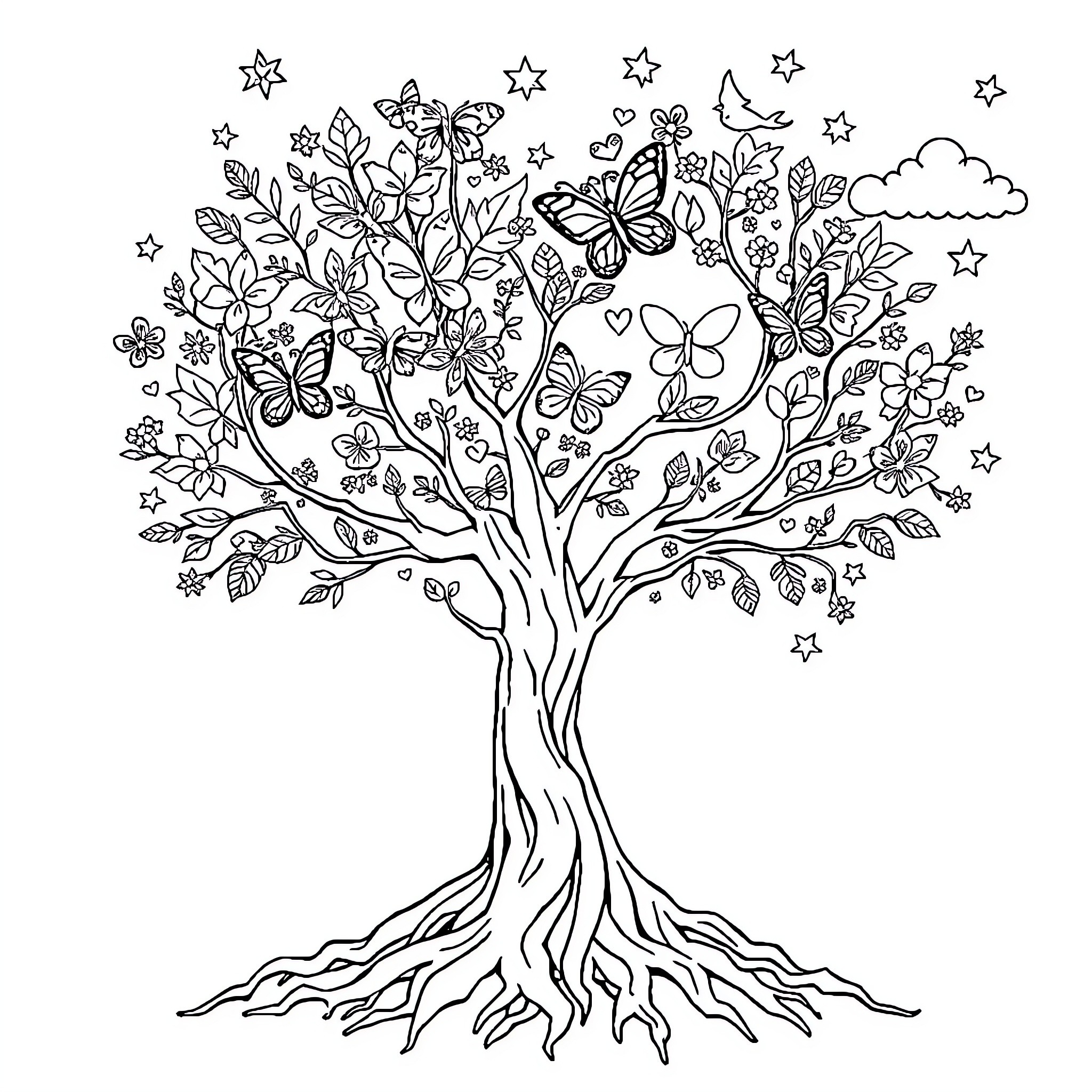 Tree of Whimsical Butterflies and Flowers Coloring Page (free black-and-white line drawing printable PDF for all, from beginners to advanced learners, including children, teens, adults, and seniors)
