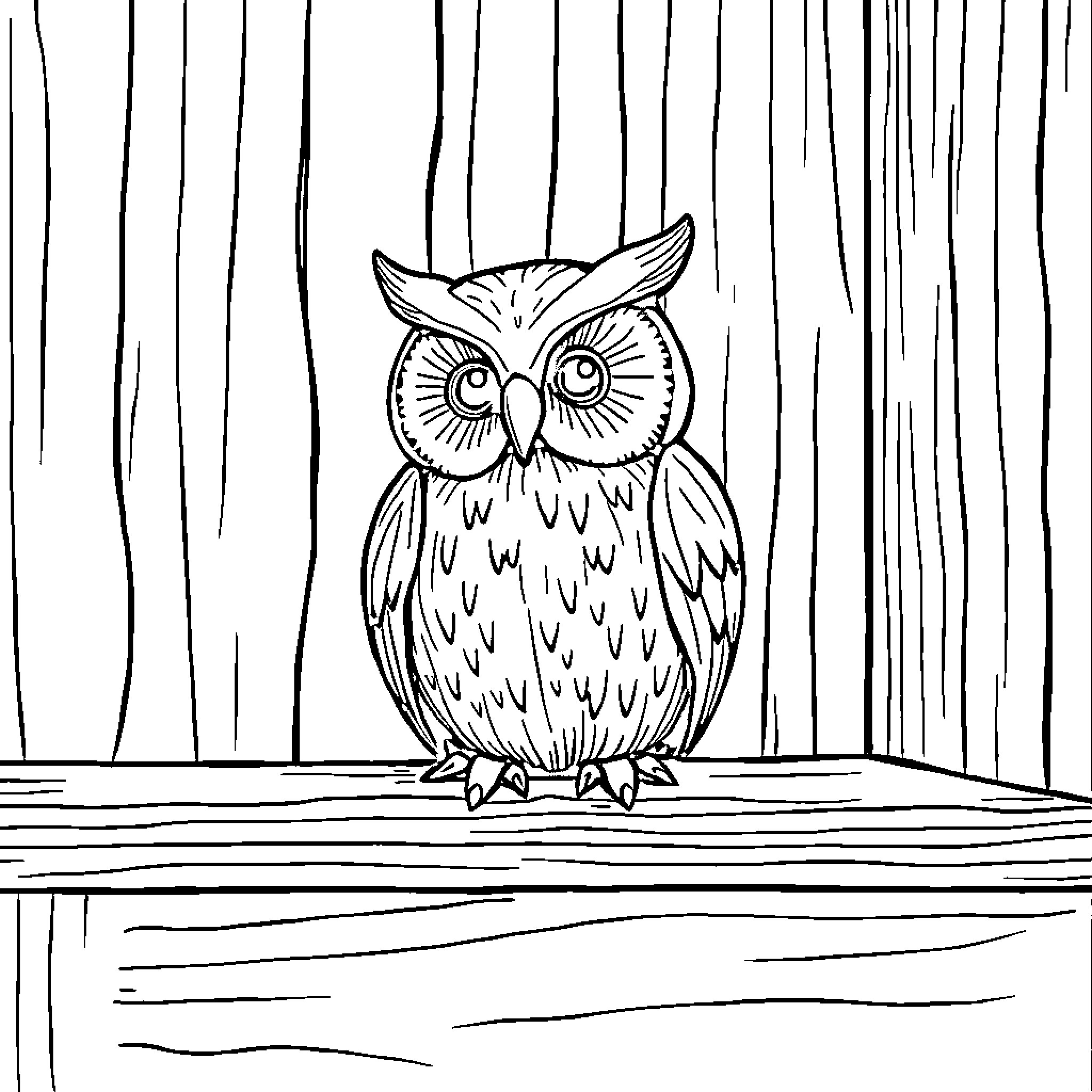 Owl perching on a wooden fence Coloring Page (free black-and-white line drawing printable PDF for all, from beginners to advanced learners, including children, teens, adults, and seniors)
